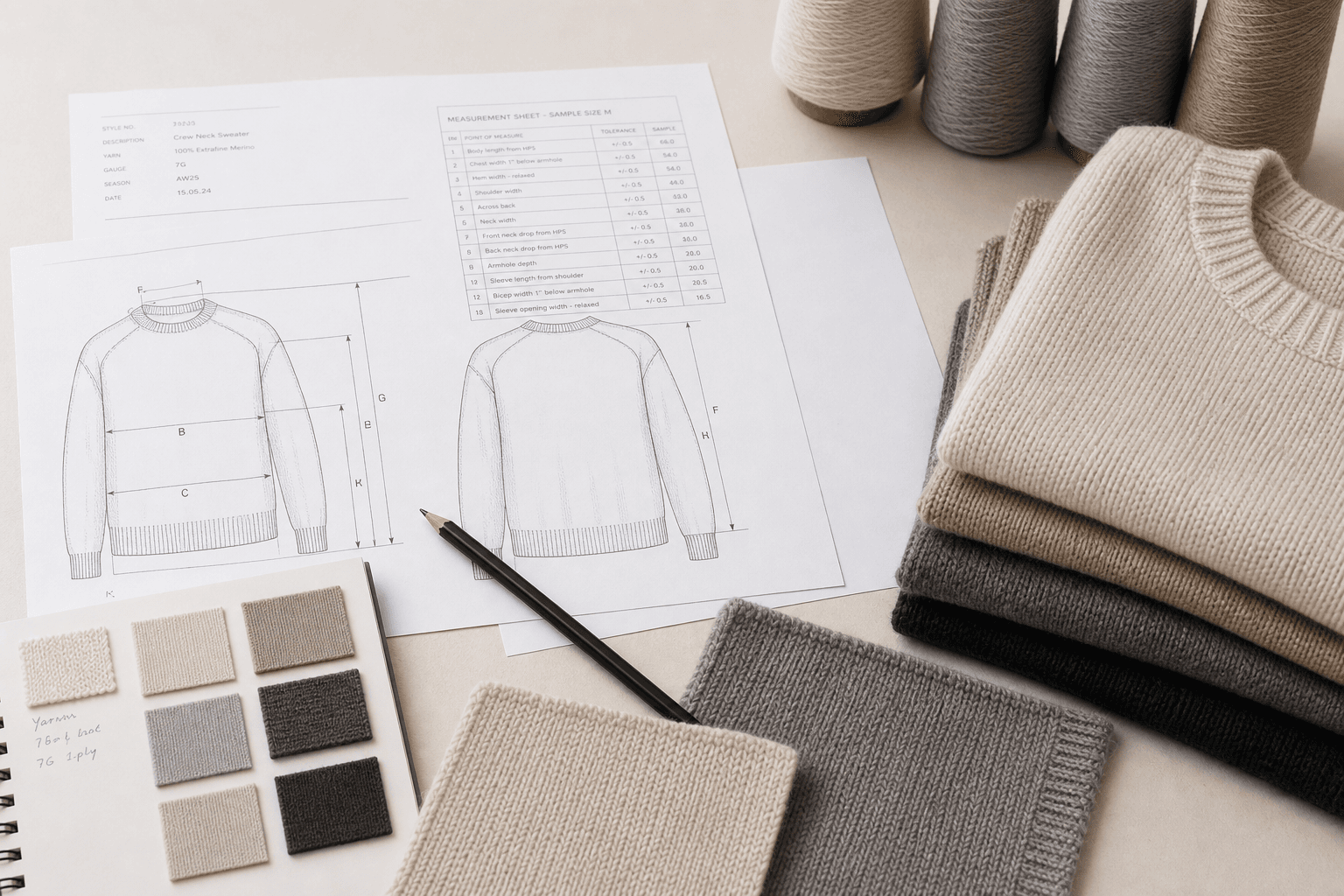 Knitwear design sketches and fabric swatches on a development table.