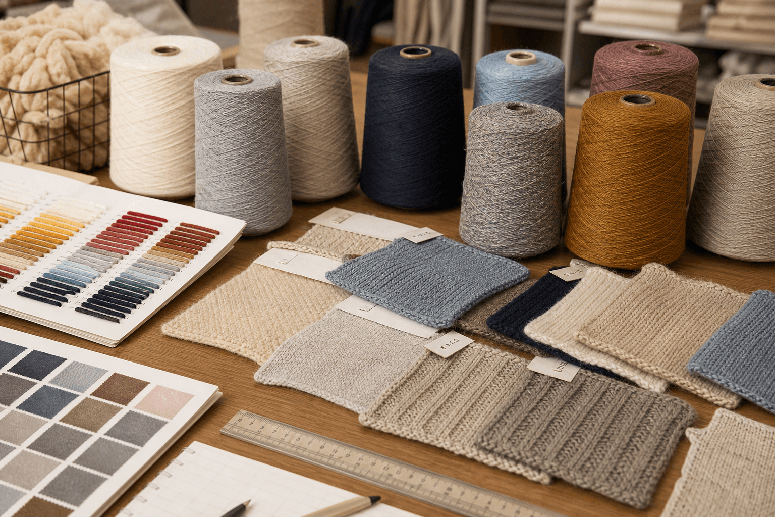 Yarn cones, knit swatches and color cards for material selection.