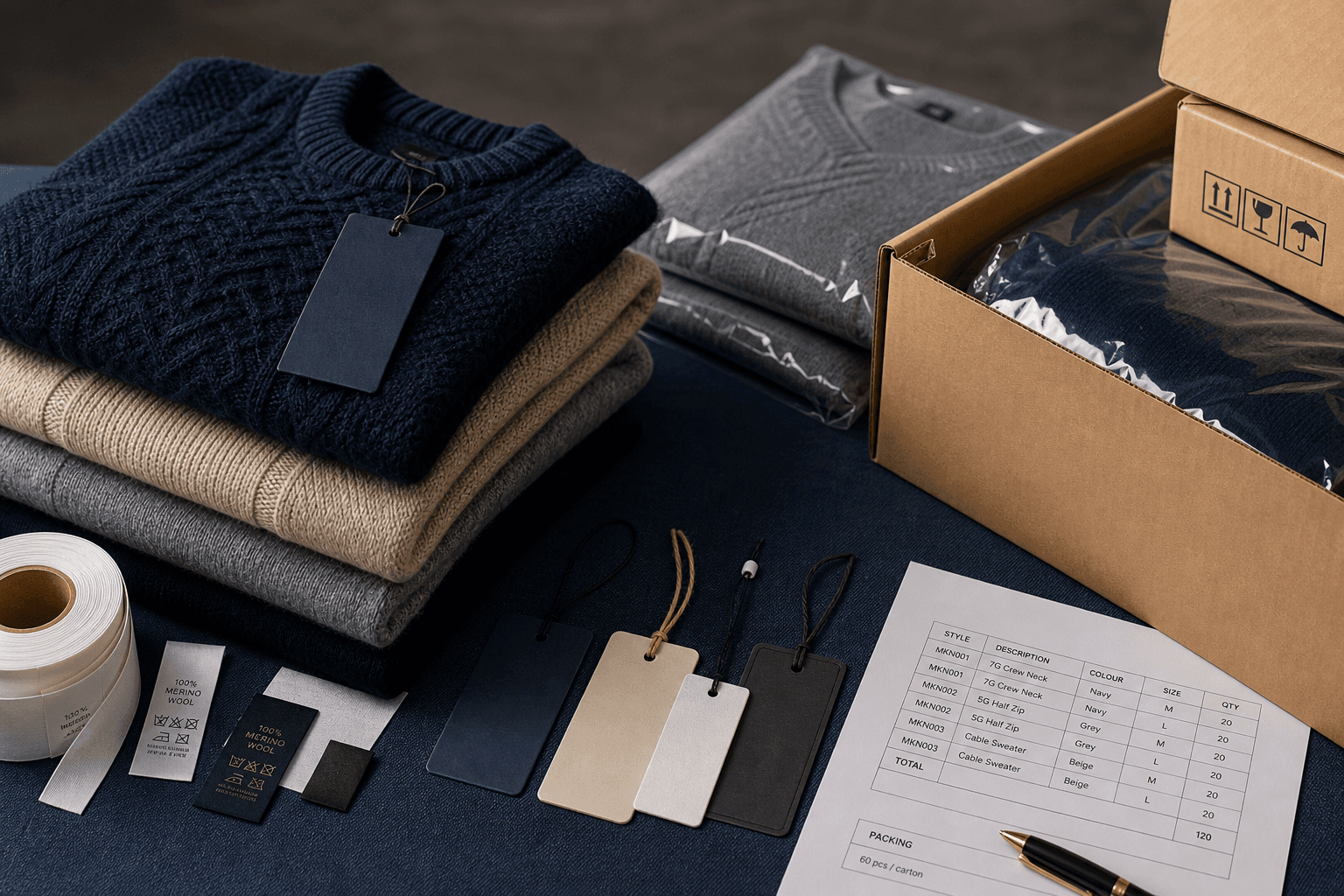 Responsible yarn and packaging options with folded knitwear, labels and clean packaging materials