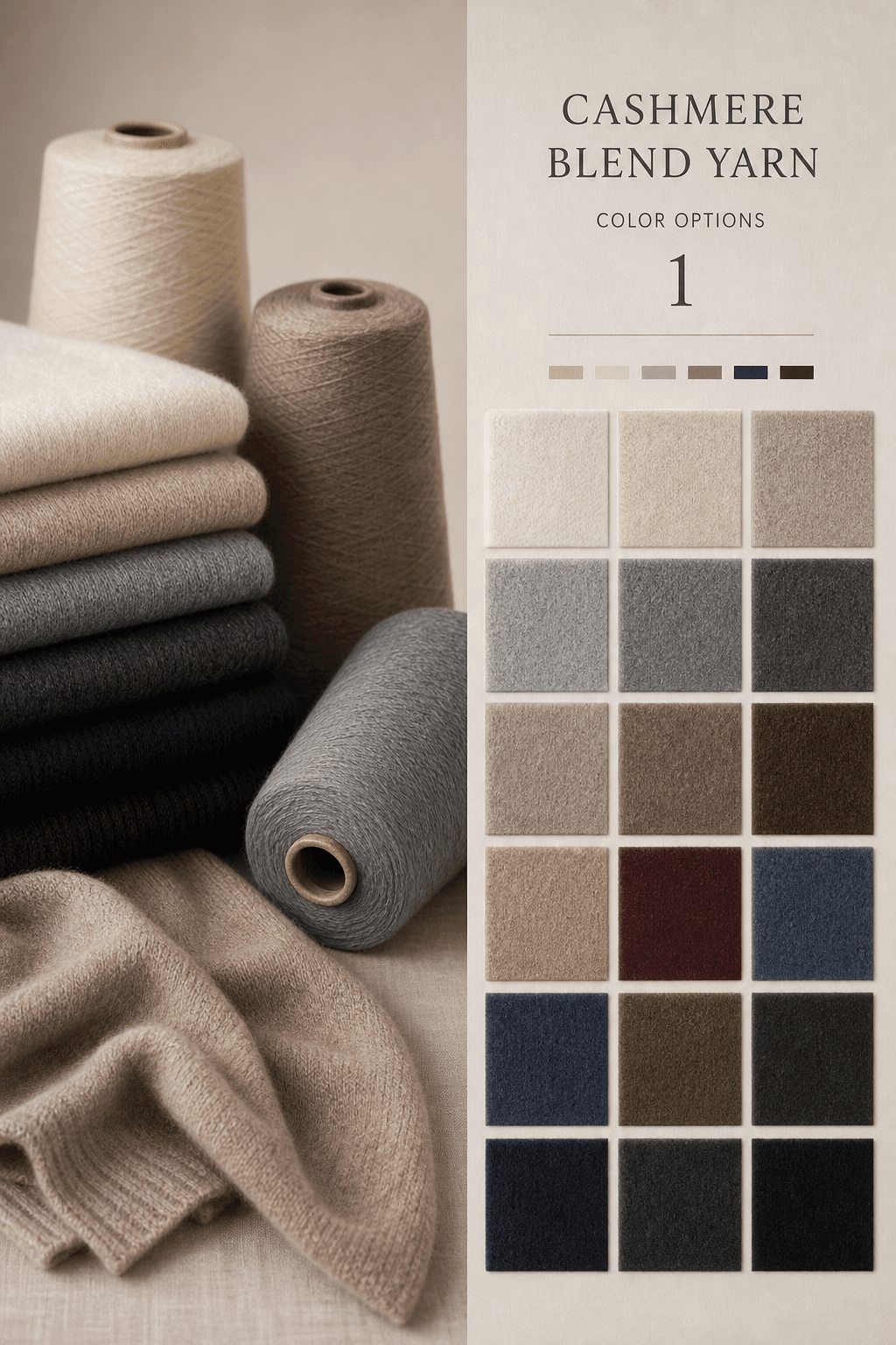 Cashmere blend yarn colour options catalogue cover with plush knit swatches and yarn cones