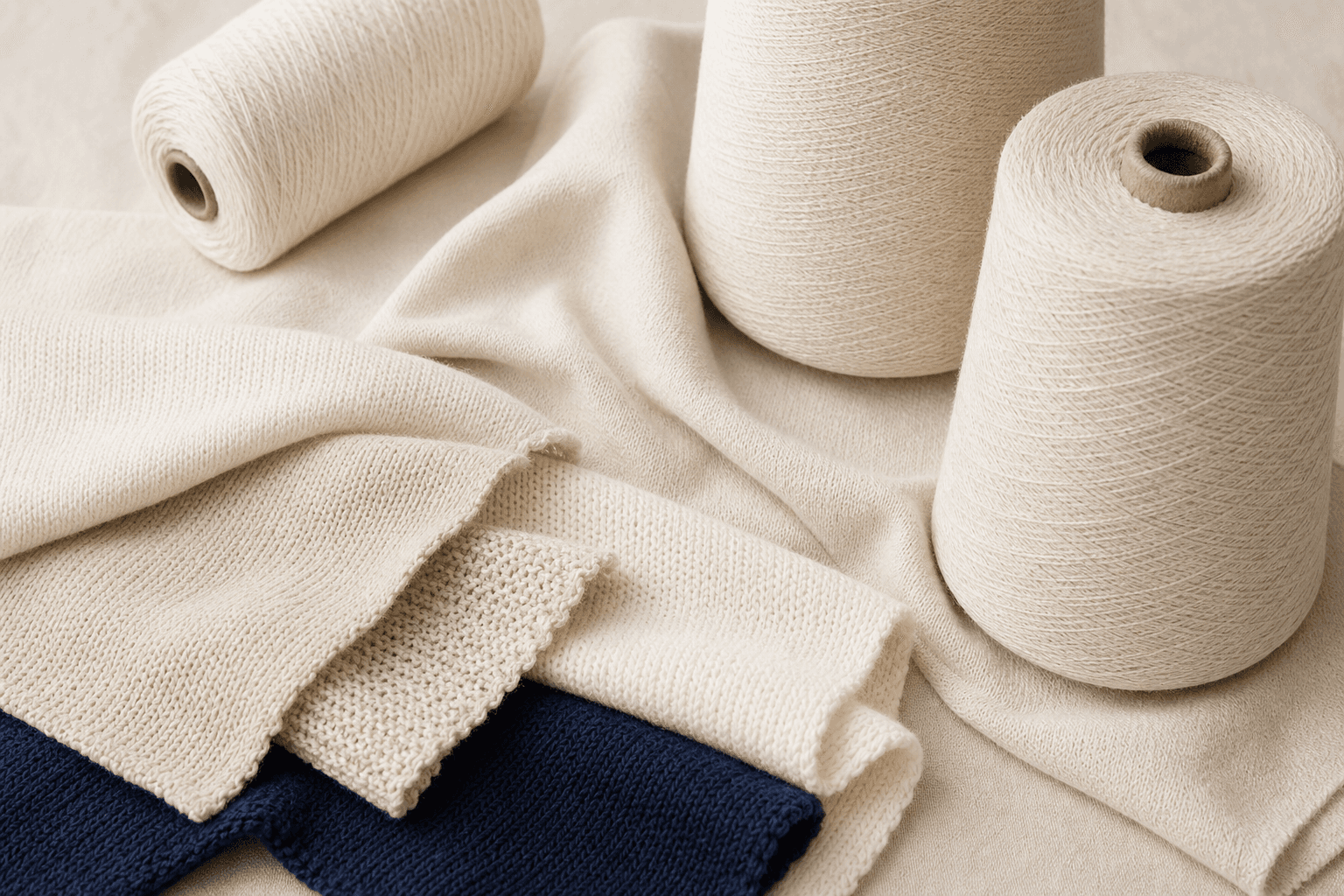 Organic cotton yarn cones and natural undyed cotton knit swatches with soft clean texture.