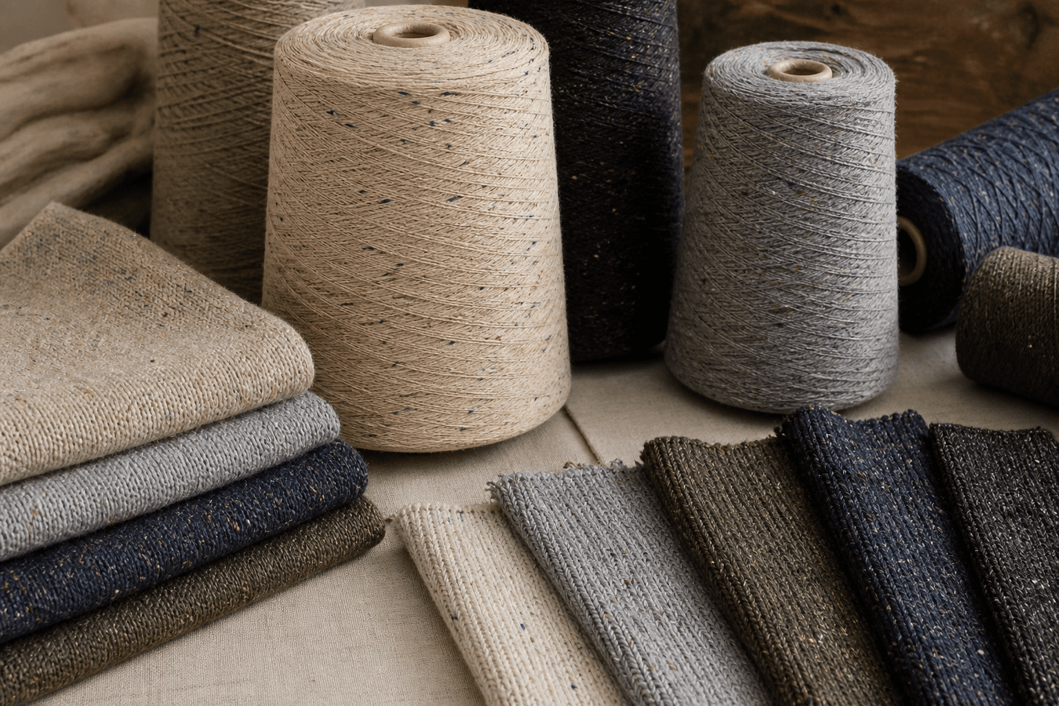 Recycled yarn cones and heathered mixed-fiber knit swatches with natural flecked texture.