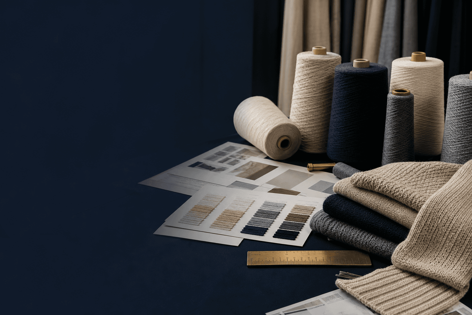 Premium yarn cones and knit swatches for the Materials and Yarn Library hero banner
