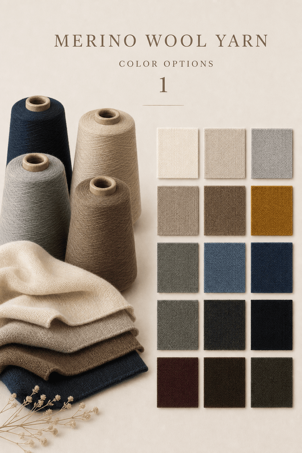 Merino wool yarn colour options catalogue cover with fine knit swatches and yarn cones