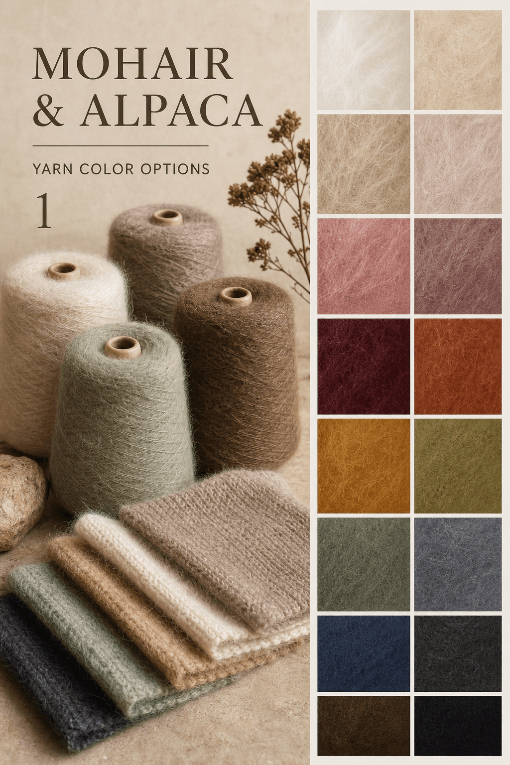 Mohair and alpaca yarn colour options catalogue cover with fuzzy knit swatches and yarn cones