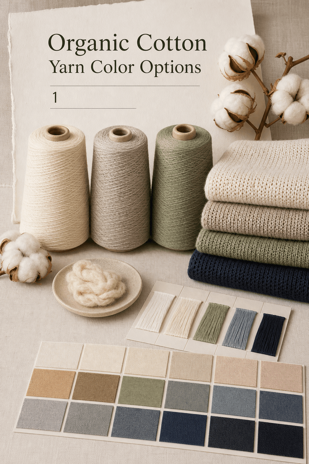 Organic cotton yarn colour options catalogue cover with soft cotton swatches and yarn cones