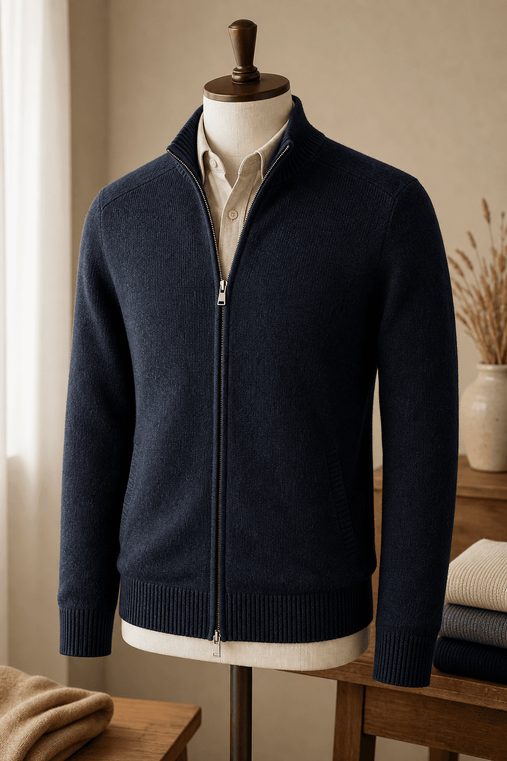Men's Full Zip Knit Cardigan lifestyle scene image for B2B knitwear sourcing.