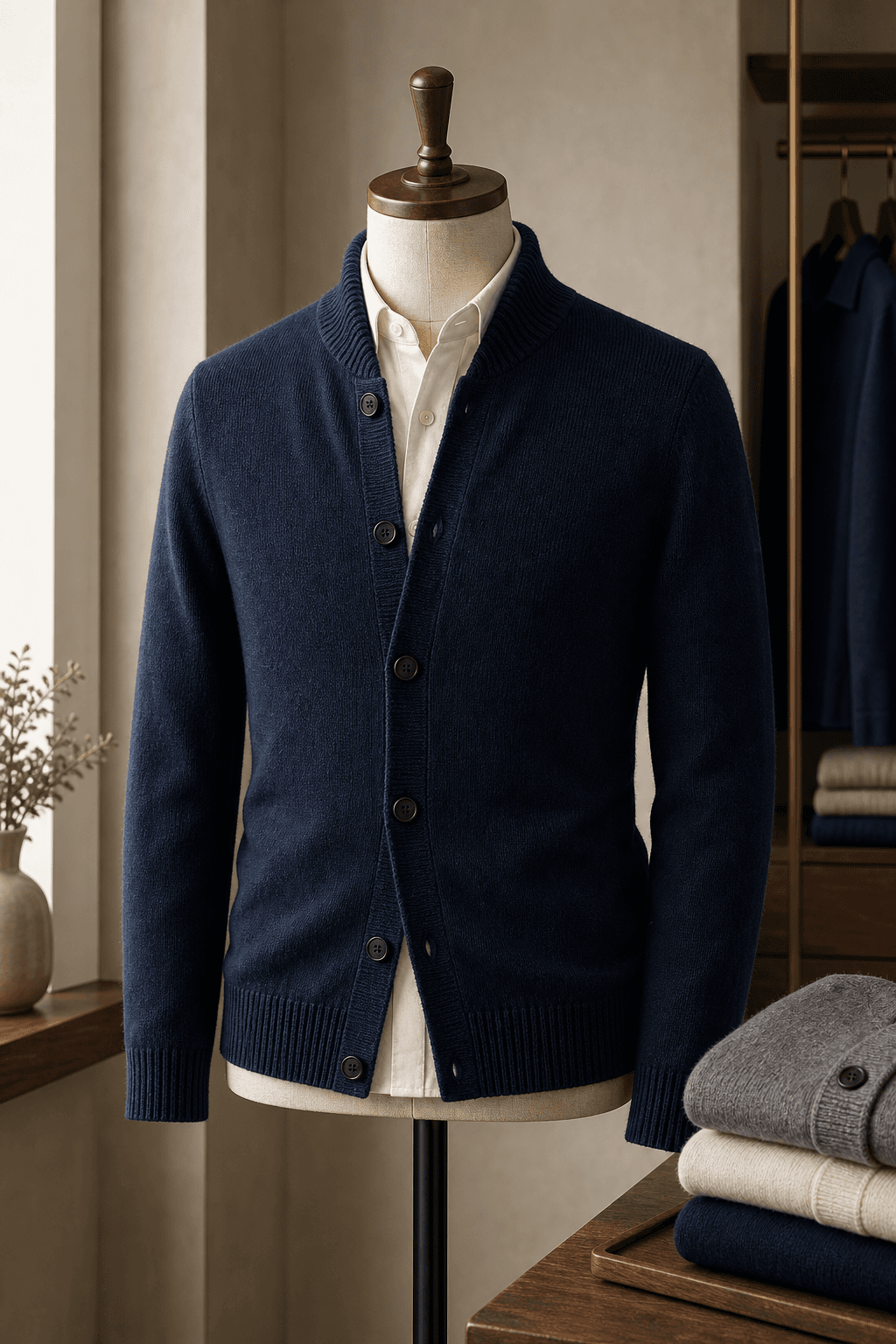 Private Label Men's Cardigan lifestyle scene image for B2B knitwear sourcing.