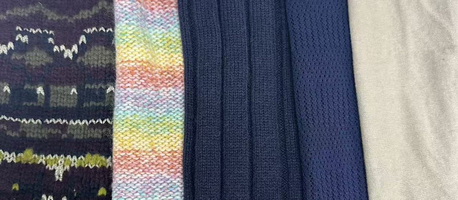 Five knit structures side by side - a lurex Fair Isle jacquard, a fine multicolour, a chunky rib, an open pointelle and a fine flat knit - showing how pattern resolution changes with gauge