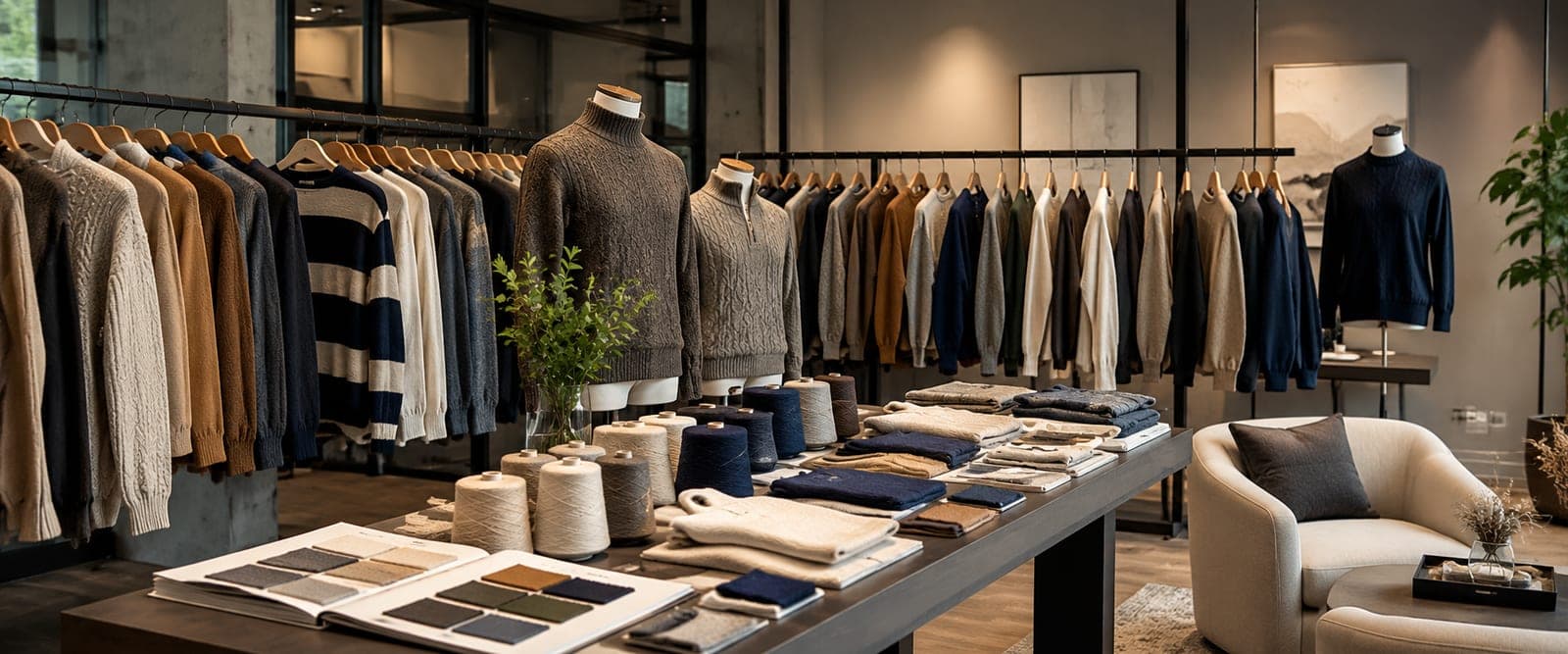 Licheng Knitwear showroom with sweaters, yarn and swatches