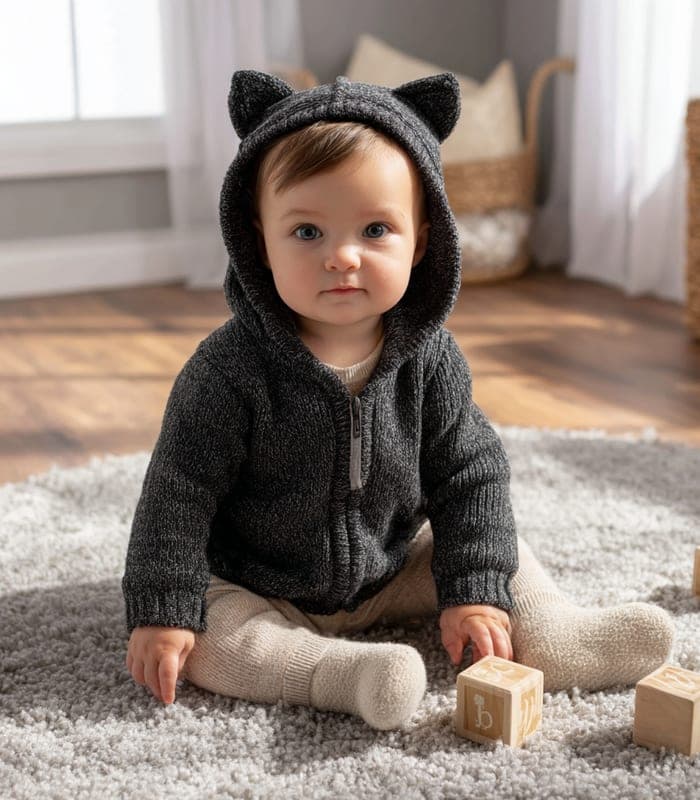 Baby Merino Wool Hooded Sweater with Ear Accents