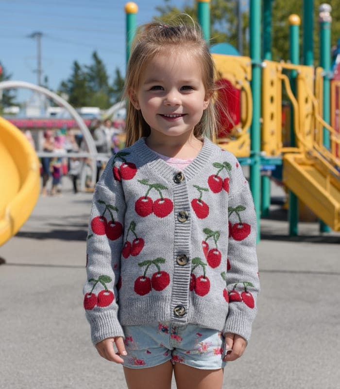 Kids' Cherry Printed Gray Cardigan
