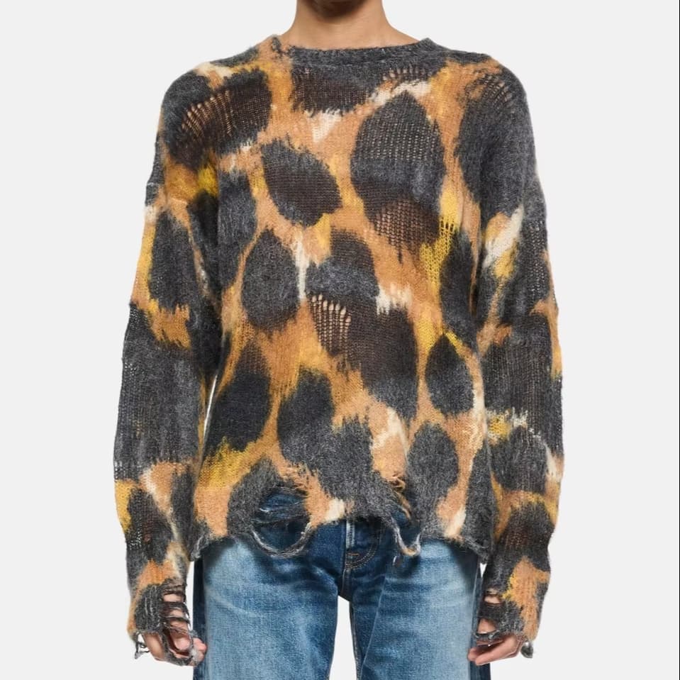 Men's Animal Camo Print Sweater Hem Mohair Streetwear Grunge