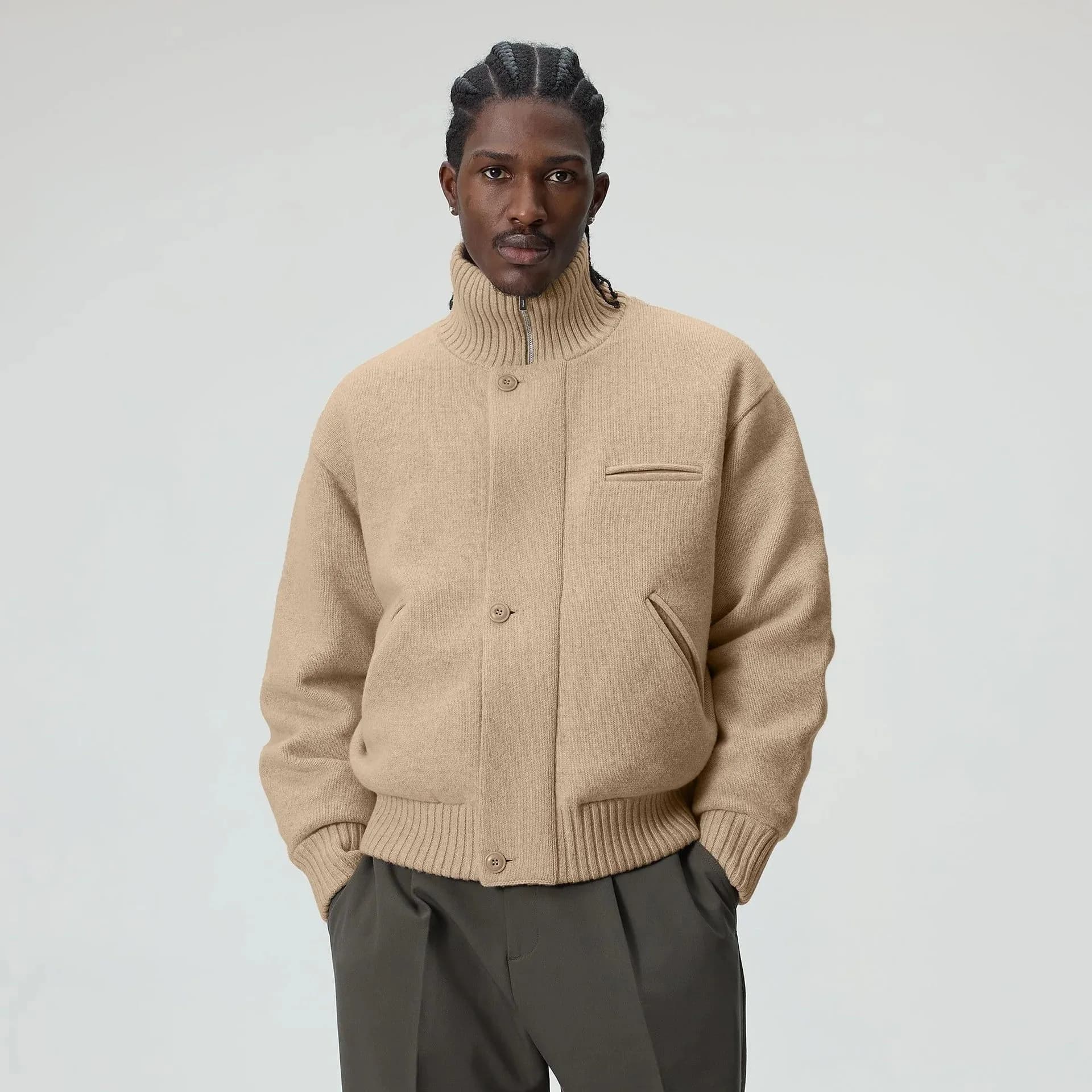 Men's Beige Full Zip Bomber Cardigan Ribbed Collar