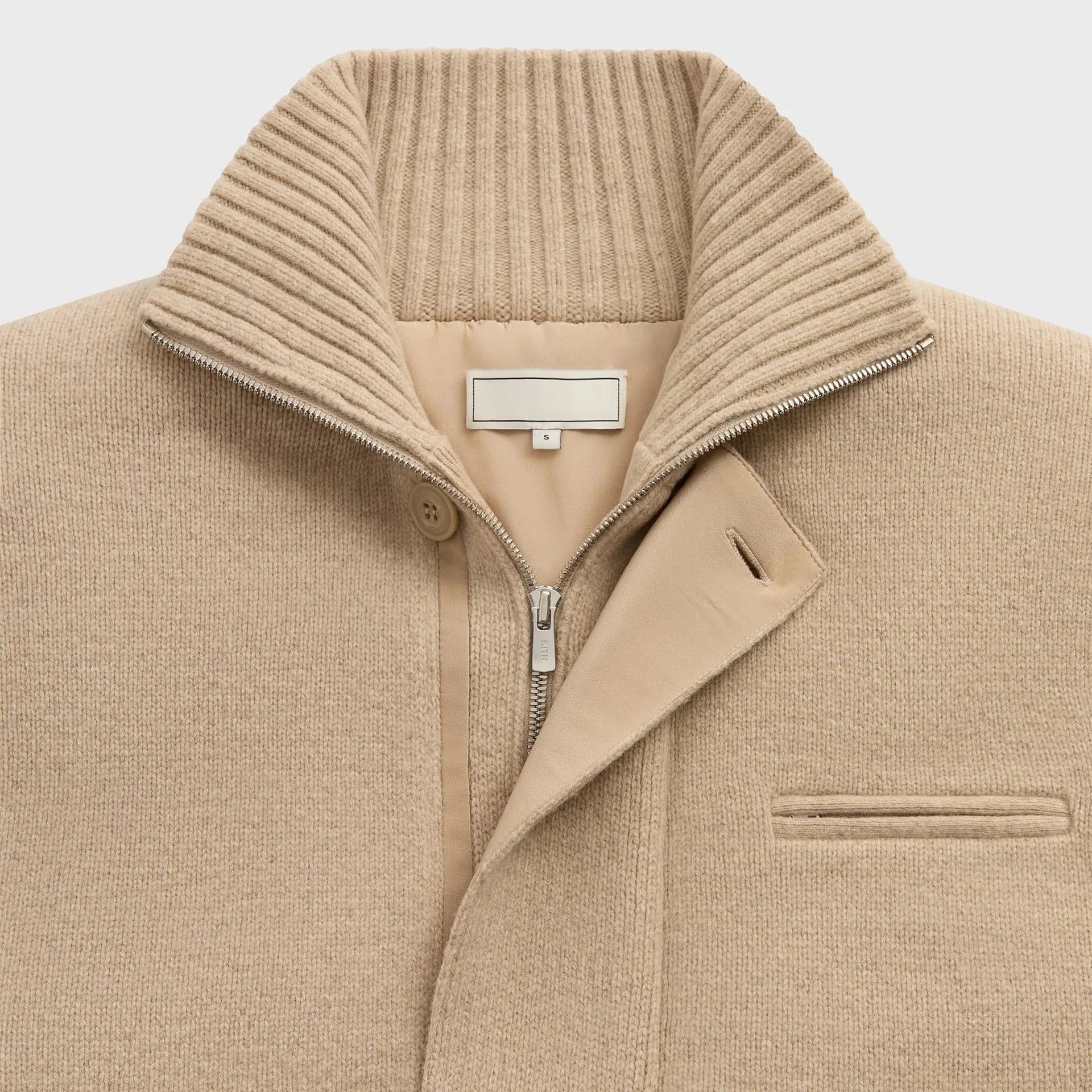 Men's Beige Full Zip Bomber Cardigan Ribbed Collar — view 2