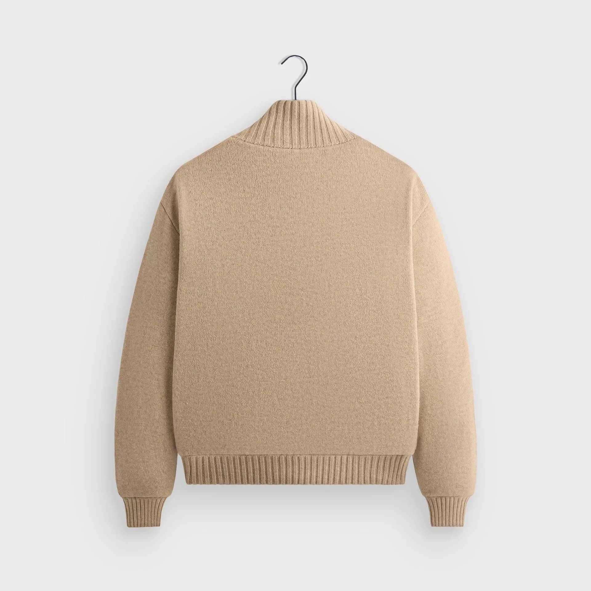 Men's Beige Full Zip Bomber Cardigan Ribbed Collar — view 3