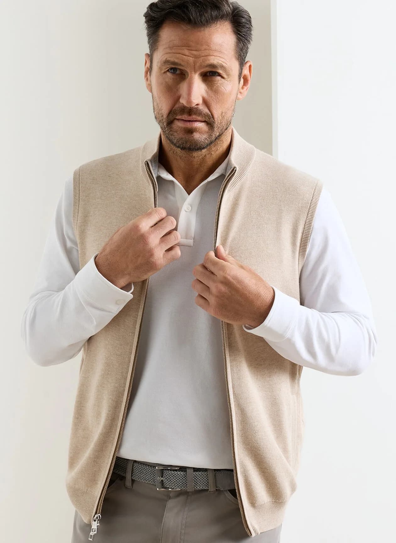 Men's Beige Full Zip Knit Vest Gilet Sleeveless