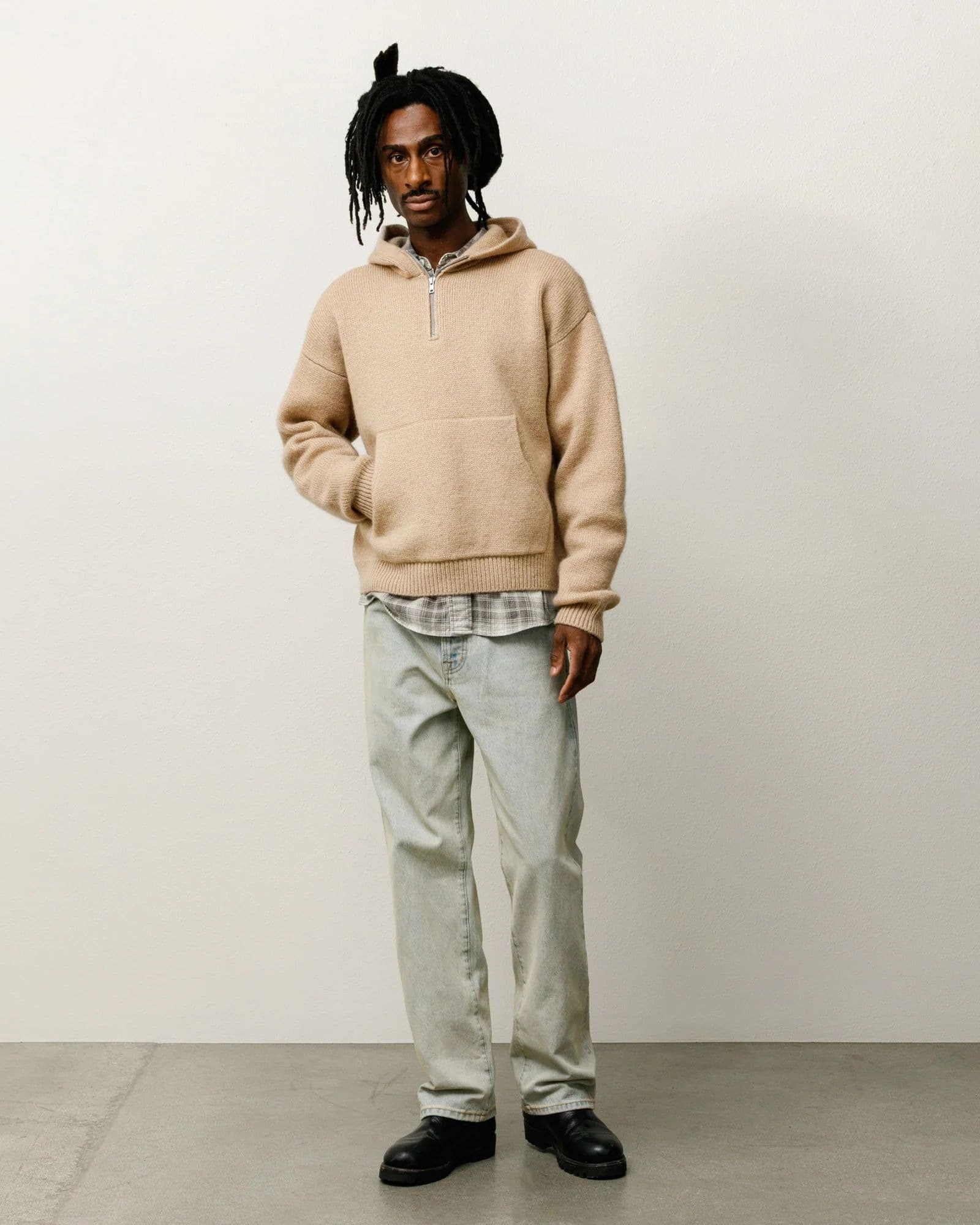 Men's Beige Half Zip Hooded Sweater Kangaroo Pocket