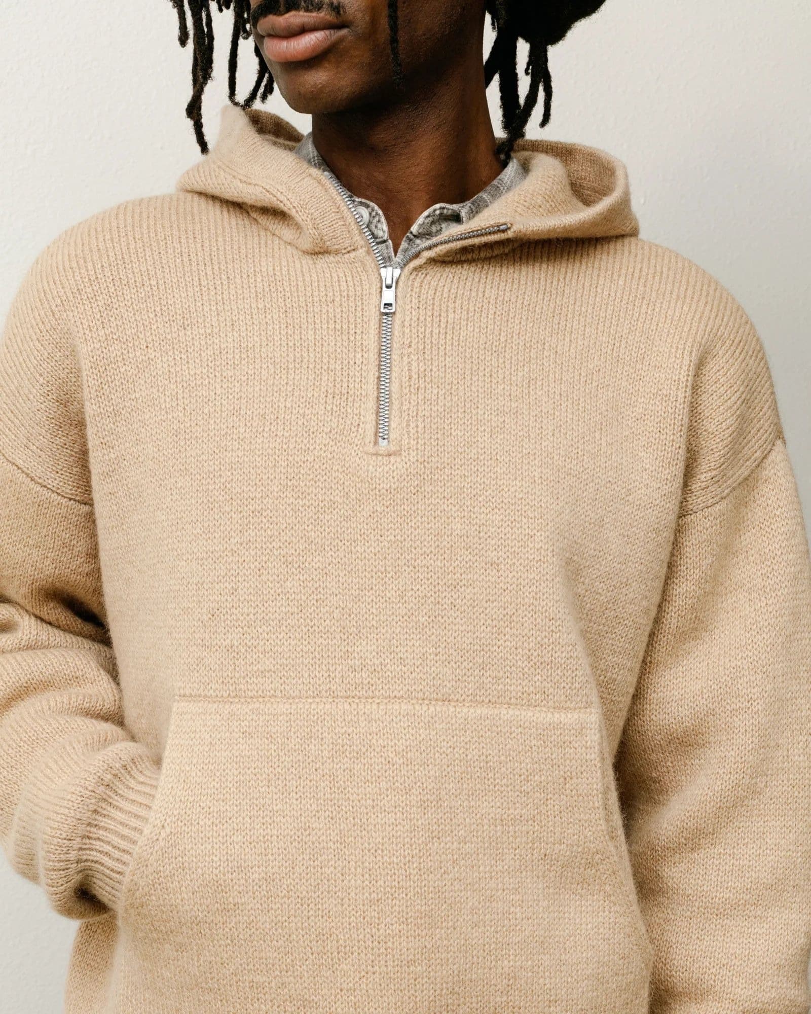 Men's Beige Half Zip Hooded Sweater Kangaroo Pocket — view 2