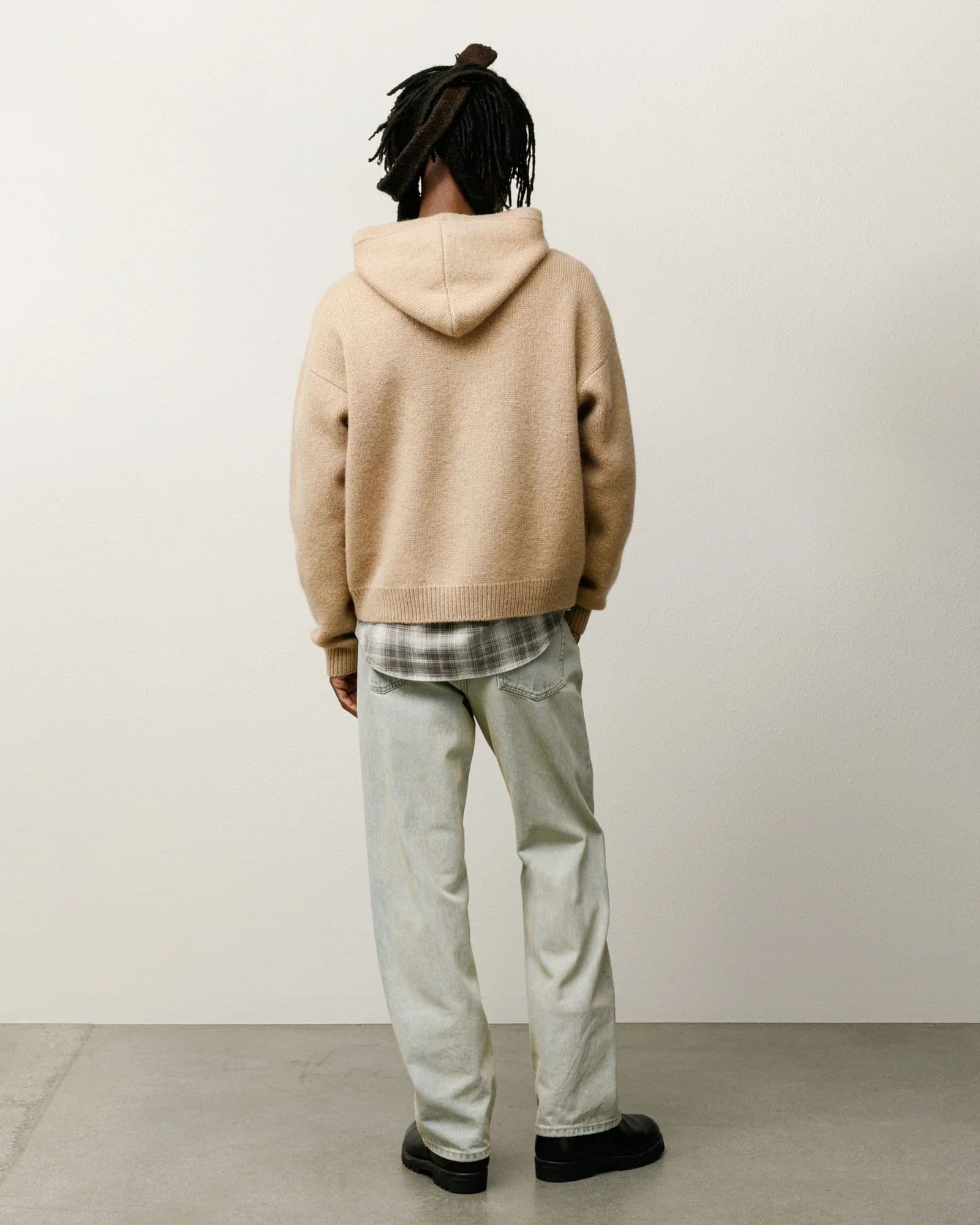 Men's Beige Half Zip Hooded Sweater Kangaroo Pocket — view 3