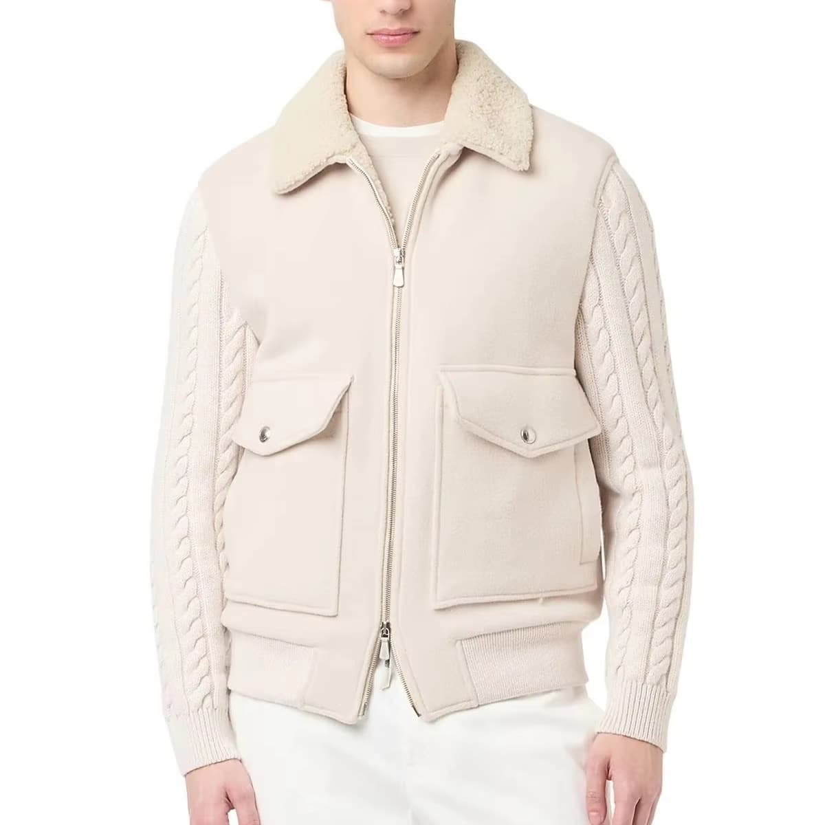 Beige hybrid knit jacket with structured collar