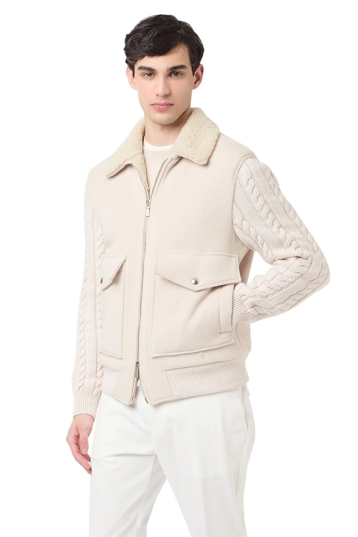 Men's Beige Hybrid Knit Jacket Shearling Collar Full Zip — view 2
