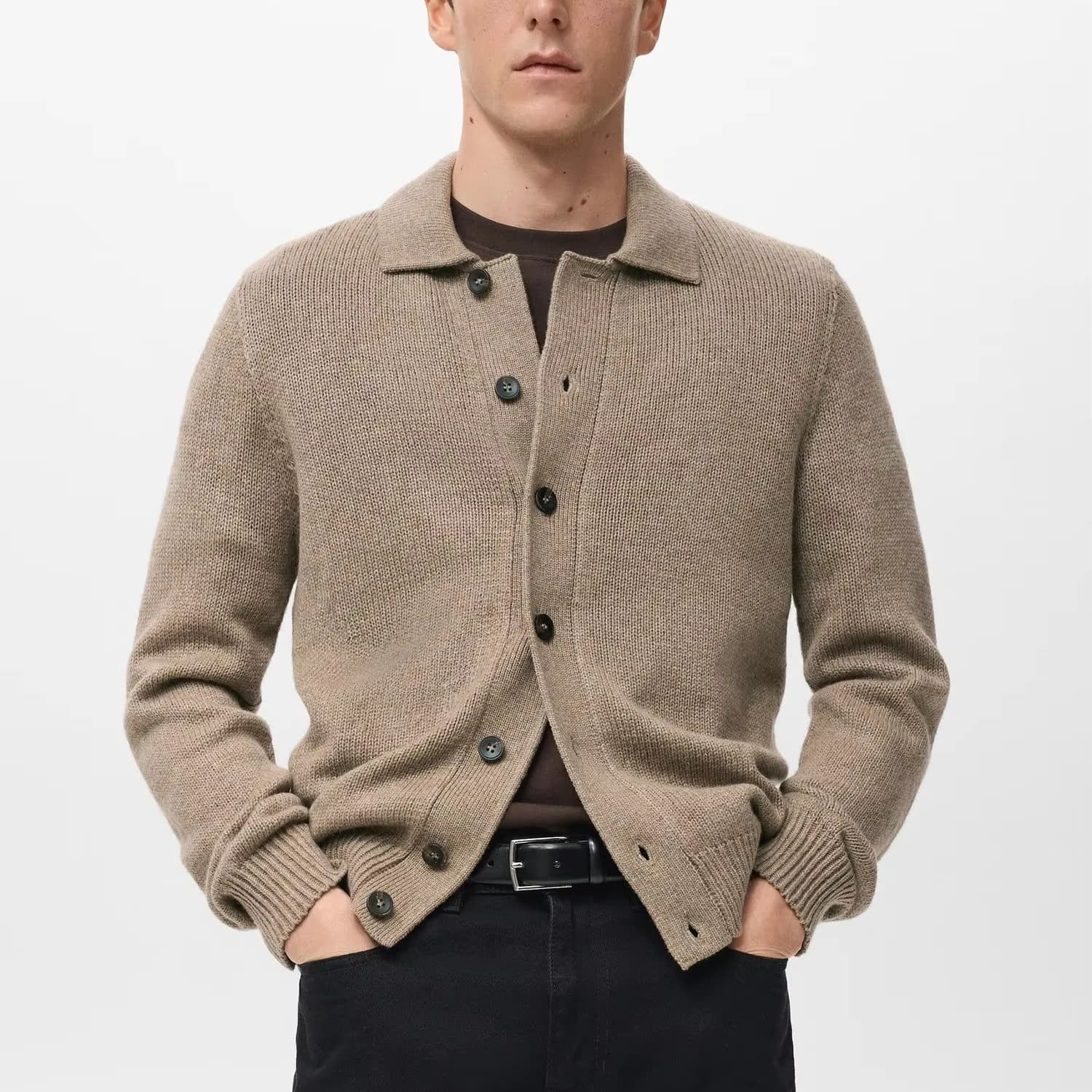 Men's Beige Knit Cardigan Button Collar Jacket