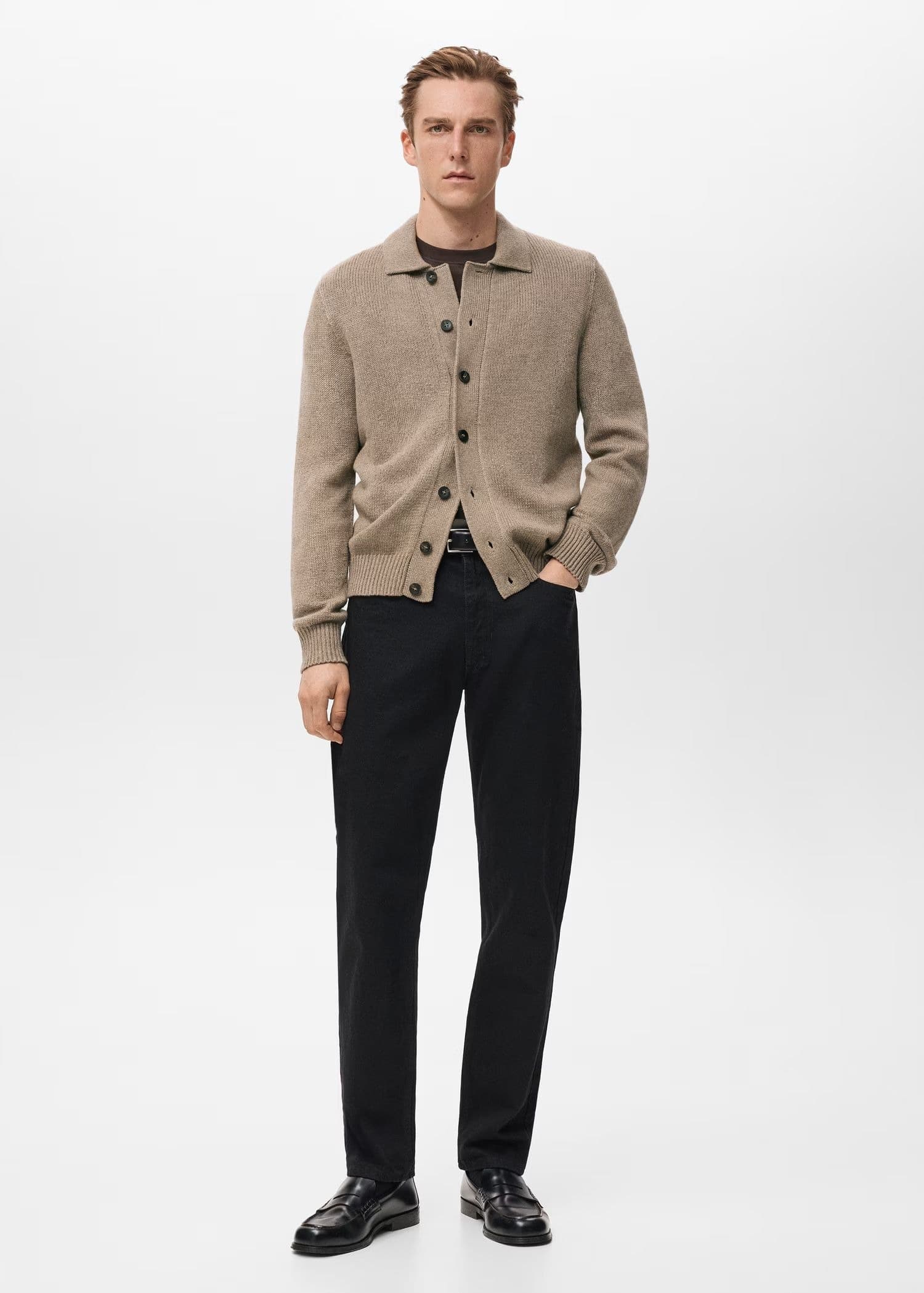 Men's Beige Knit Cardigan Button Collar Jacket — view 2