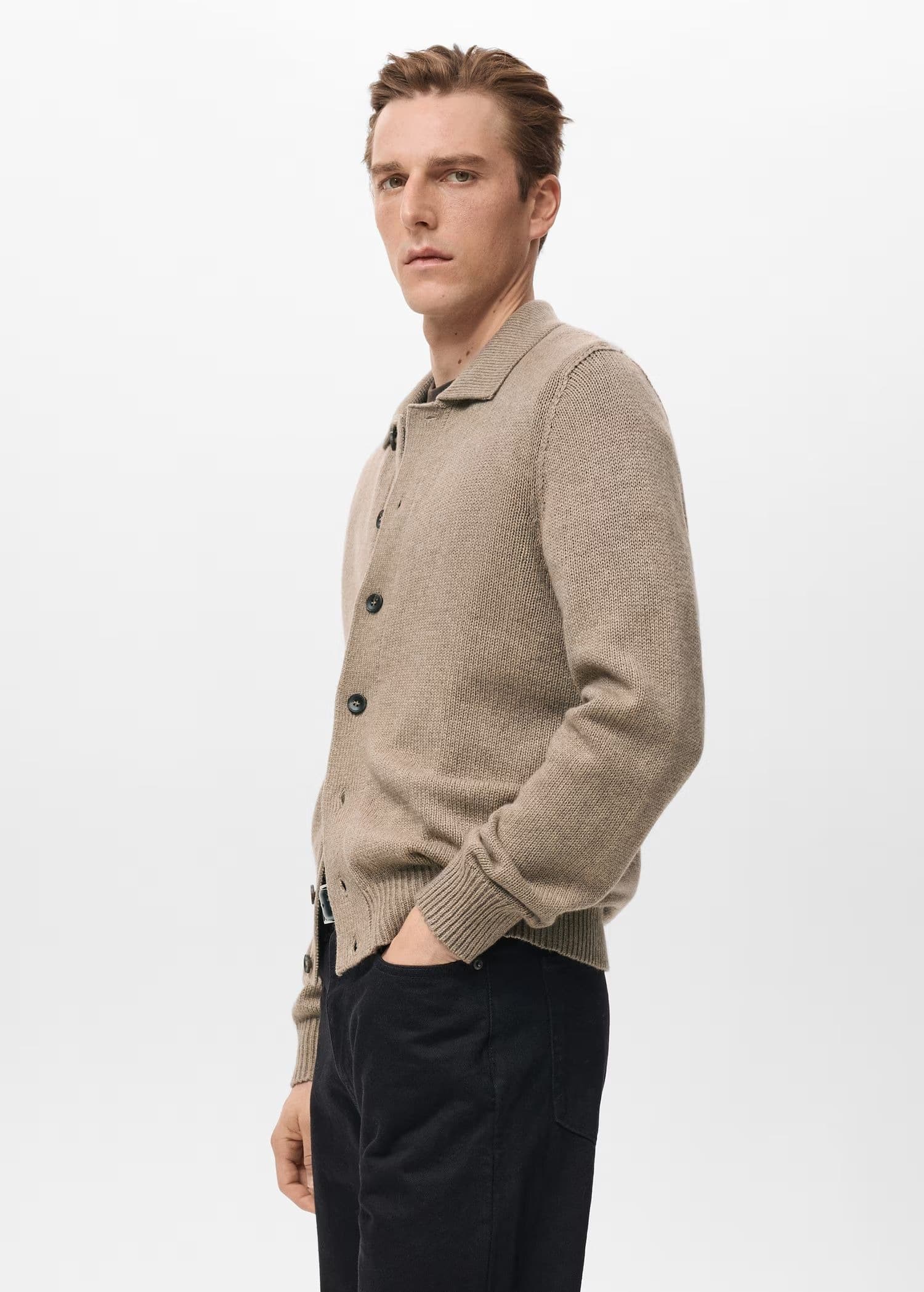 Men's Beige Knit Cardigan Button Collar Jacket — view 3