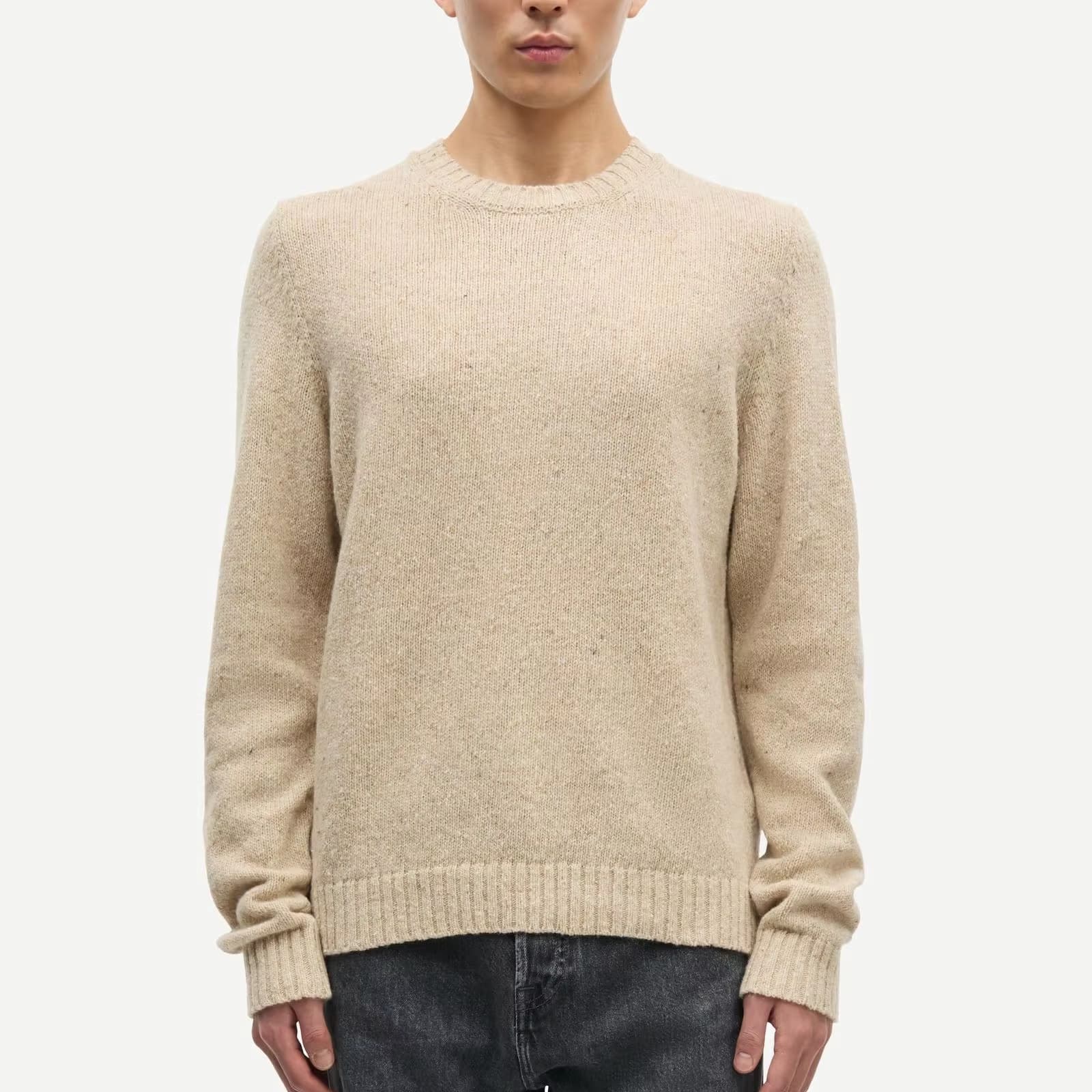 Men's Beige Melange Crew Neck Sweater Plain Knit Wool Blend Pullover