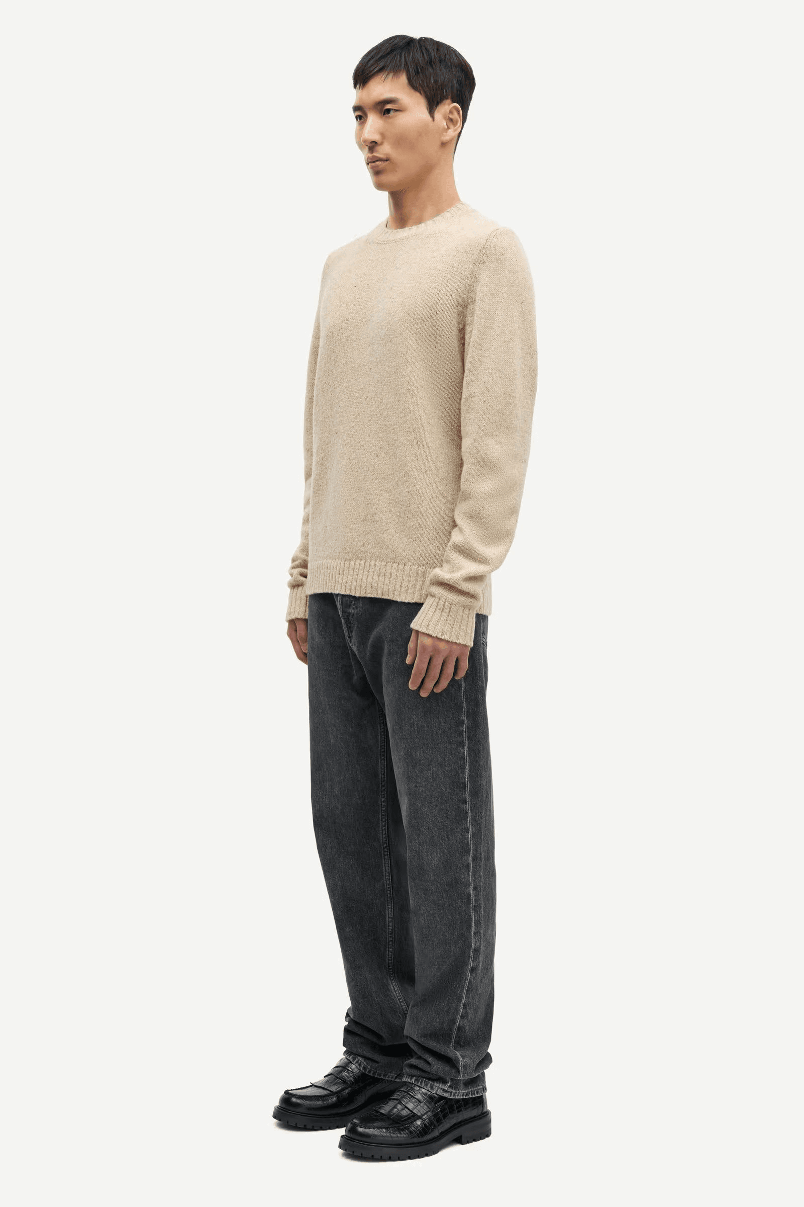 Men's Beige Melange Crew Neck Sweater Plain Knit Wool Blend Pullover — view 2