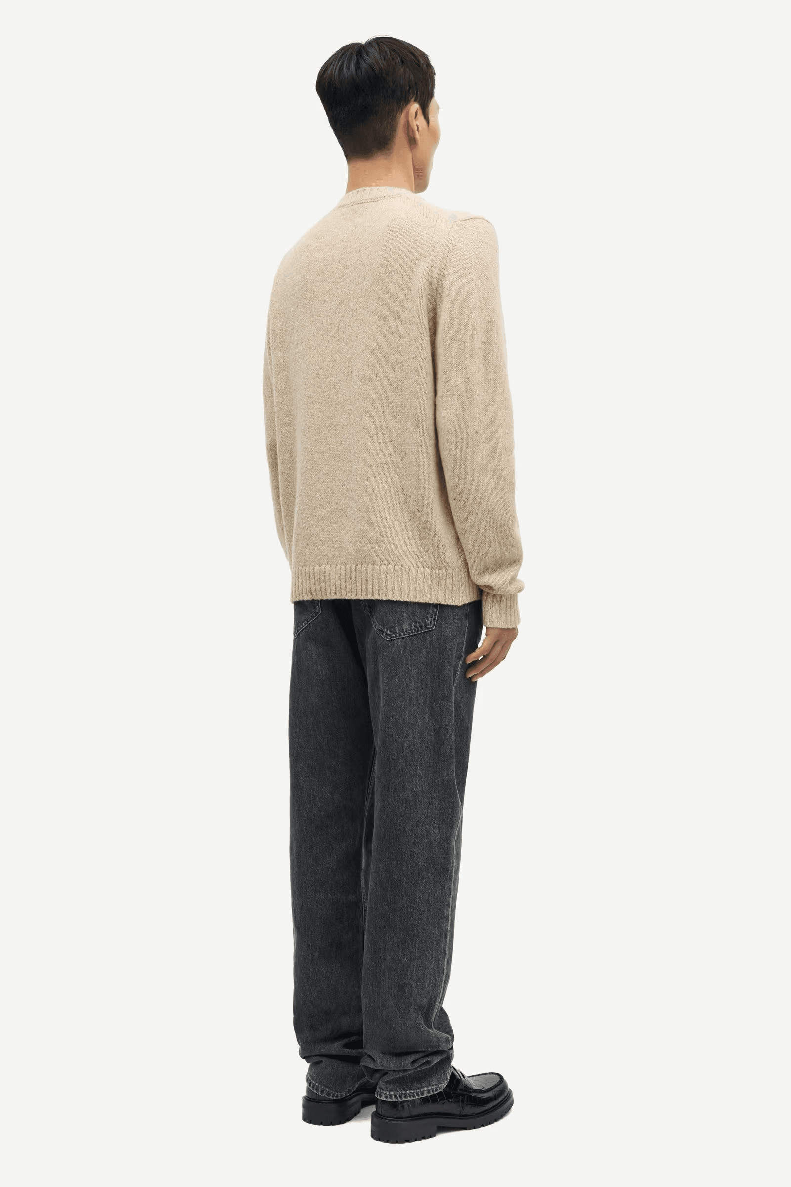 Men's Beige Melange Crew Neck Sweater Plain Knit Wool Blend Pullover — view 3