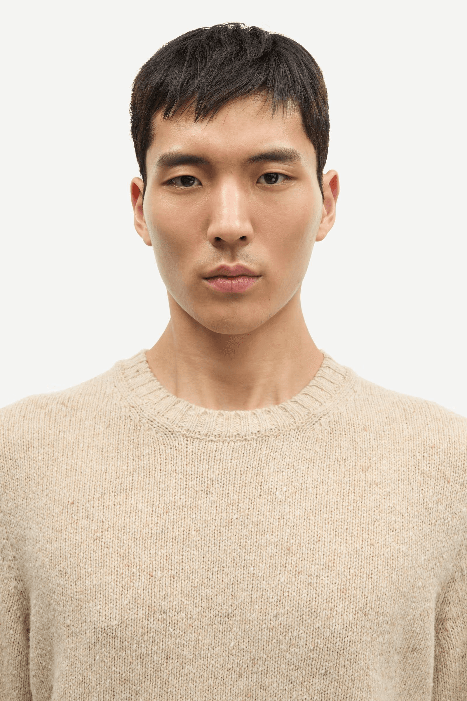 Men's Beige Melange Crew Neck Sweater Plain Knit Wool Blend Pullover — view 4