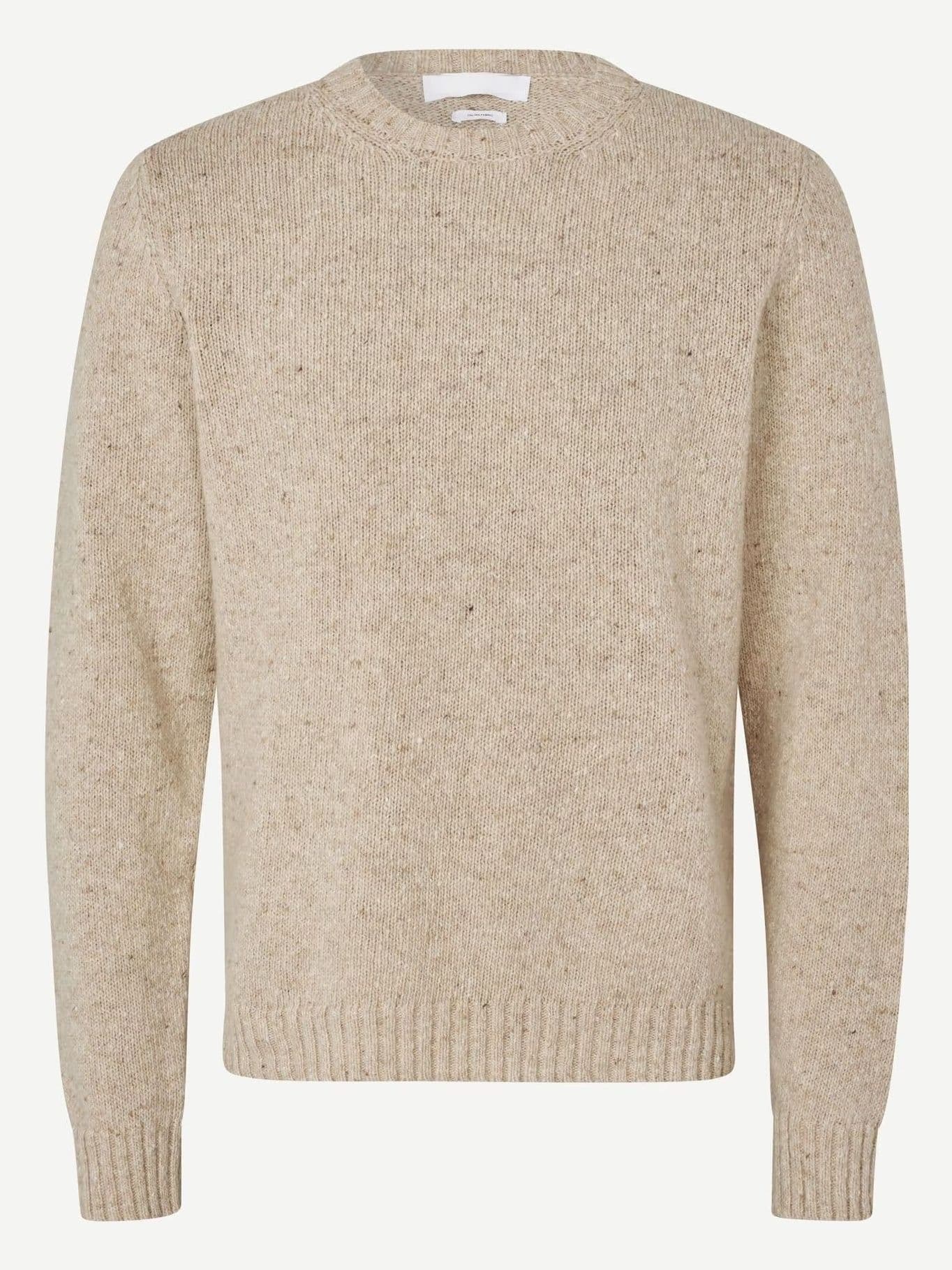 Men's Beige Melange Crew Neck Sweater Plain Knit Wool Blend Pullover — view 6