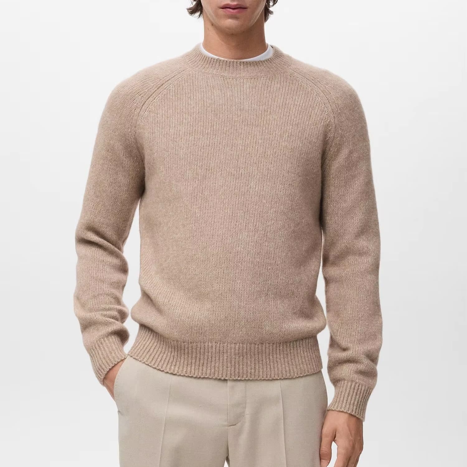 Men's Beige Melange Raglan Crew Neck Sweater Wool Blend