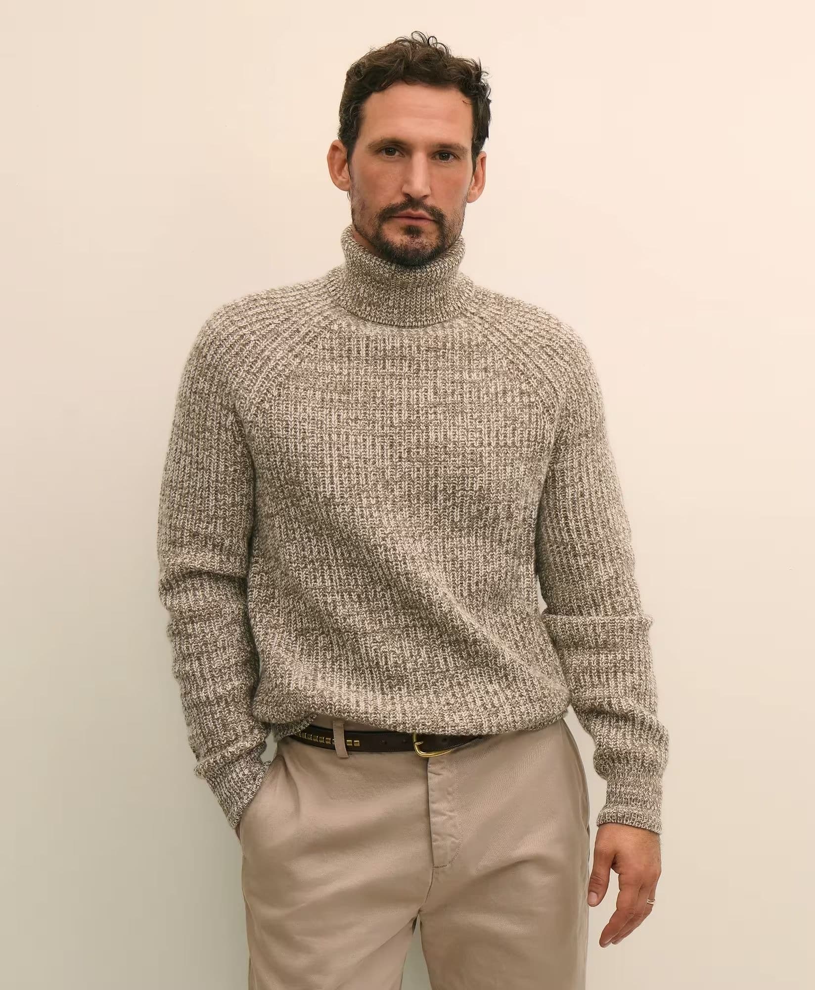 Men's Beige Melange Turtleneck Sweater Heavy Gauge