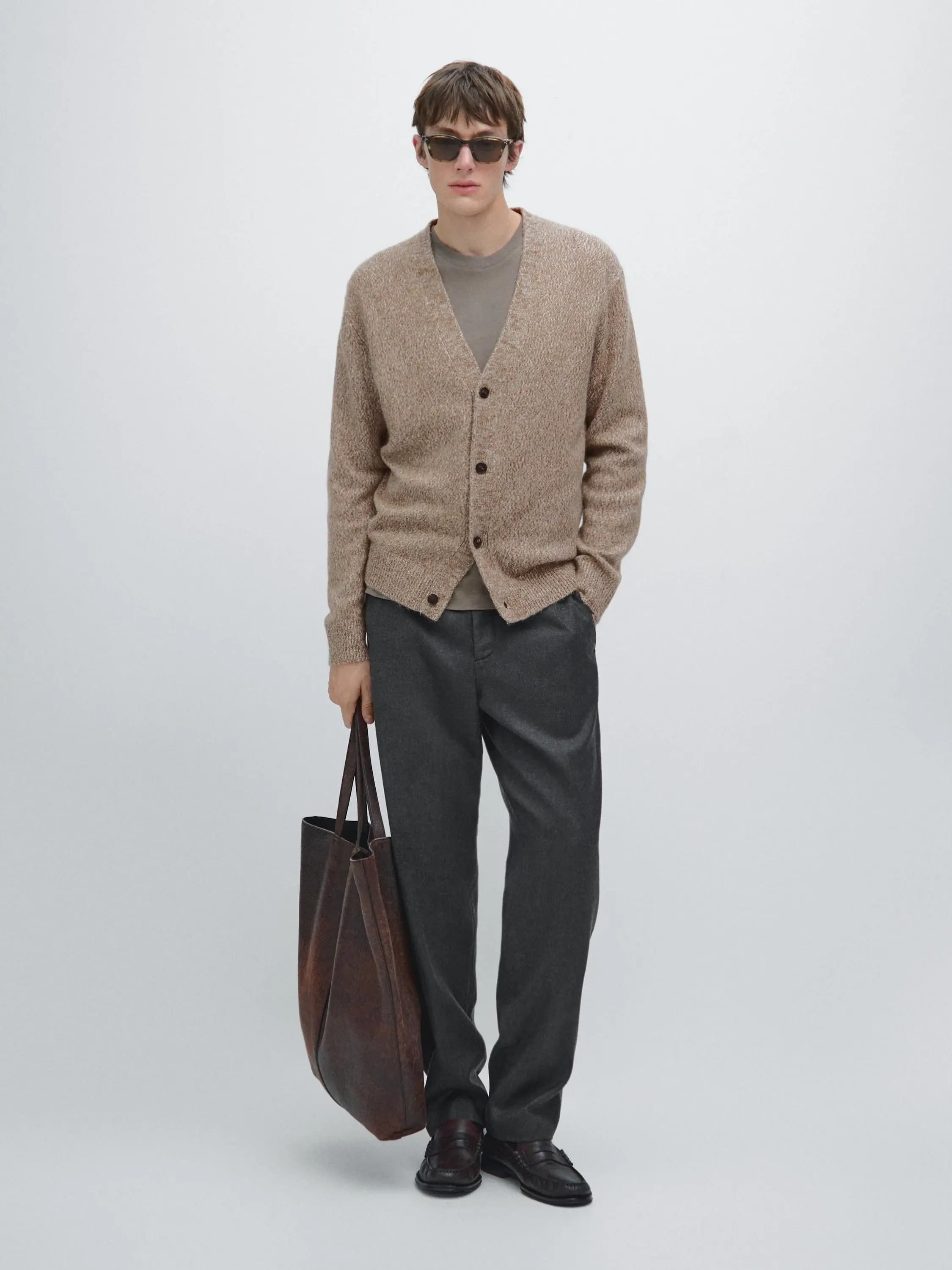 Men's Beige Melange V Neck Cardigan — view 2