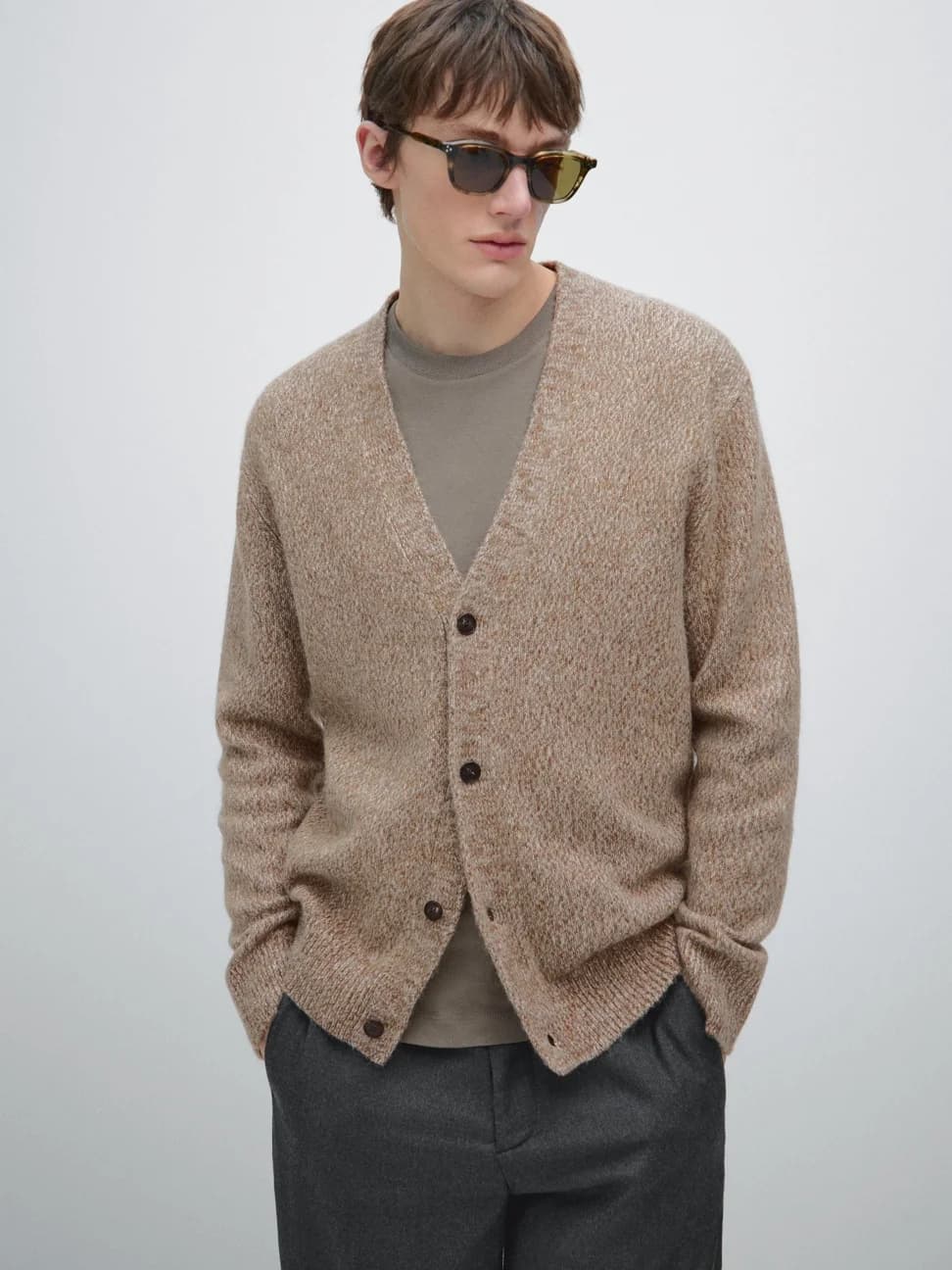 Men's Beige Melange V Neck Cardigan — view 3