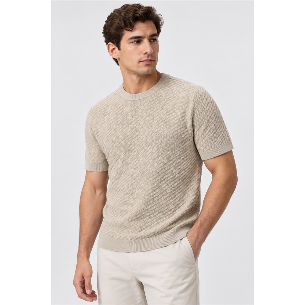 Men's Beige Short-Sleeve Crew Neck Knit Top — view 6