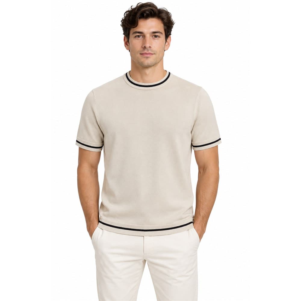 Men's Beige Short-Sleeve Crew Neck Knit Top