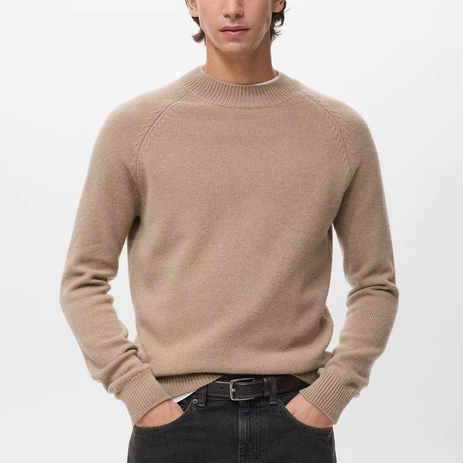 Men's Beige Plain Crew Neck Sweater Simple Wool Blend