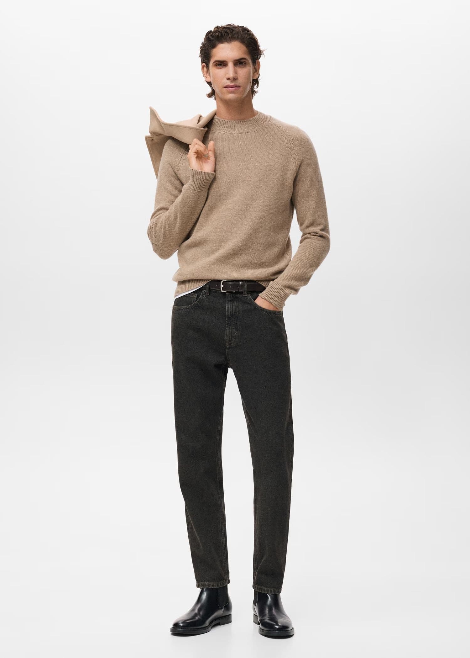 Men's Beige Plain Crew Neck Sweater Simple Wool Blend — view 3