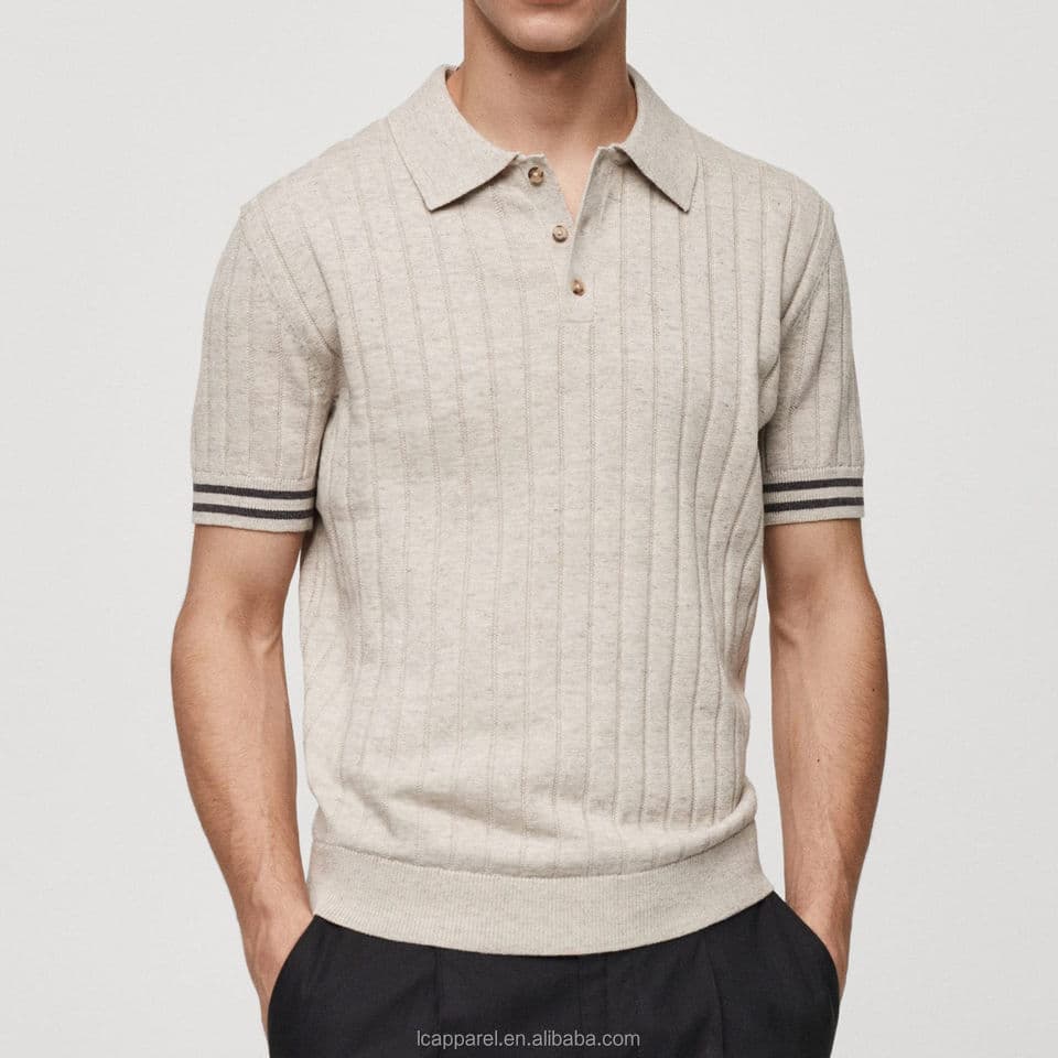 Men's Beige Ribbed Knit Golf Polo with Stripe-Tipped Cuffs