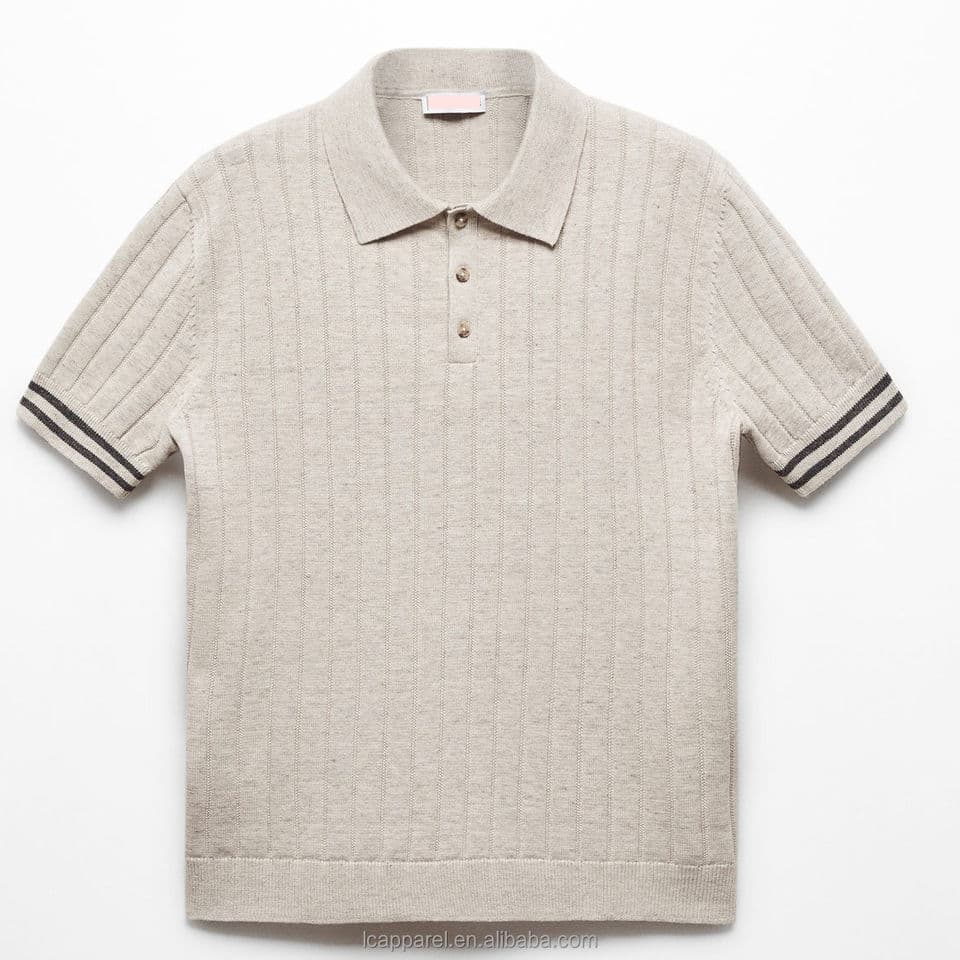 Men's Beige Ribbed Knit Golf Polo with Stripe-Tipped Cuffs — view 2