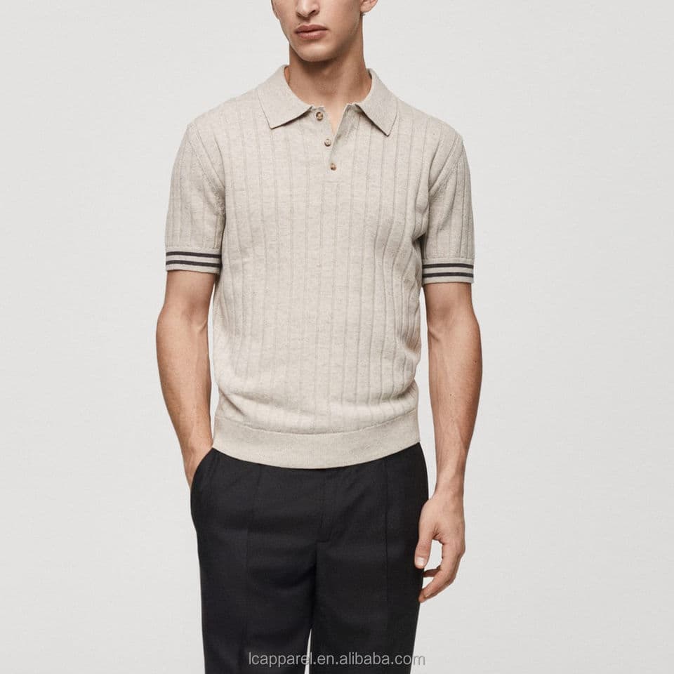 Men's Beige Ribbed Knit Golf Polo with Stripe-Tipped Cuffs — view 3