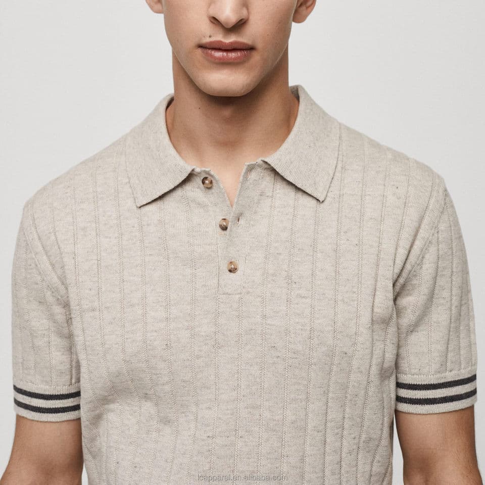 Men's Beige Ribbed Knit Golf Polo with Stripe-Tipped Cuffs — view 4