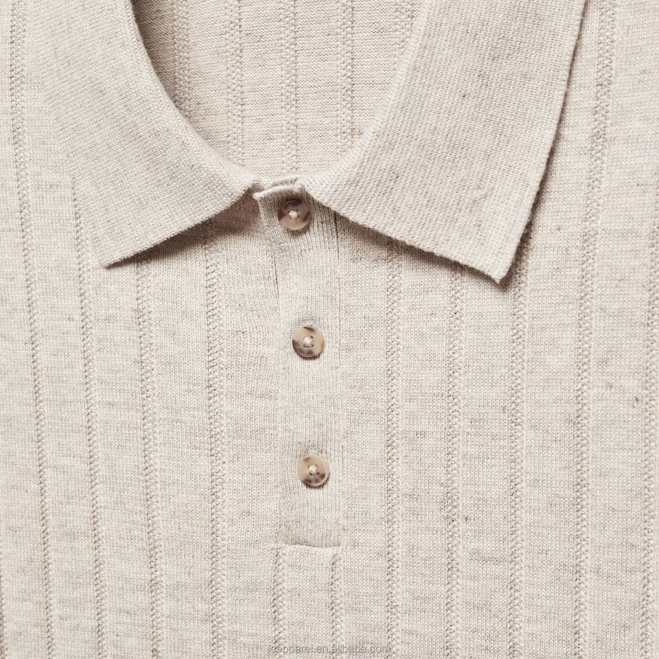 Men's Beige Ribbed Knit Golf Polo with Stripe-Tipped Cuffs — view 5