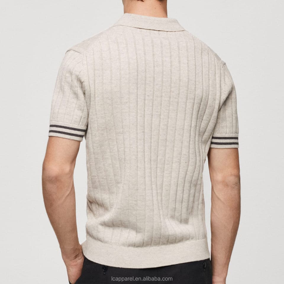 Men's Beige Ribbed Knit Golf Polo with Stripe-Tipped Cuffs — view 6