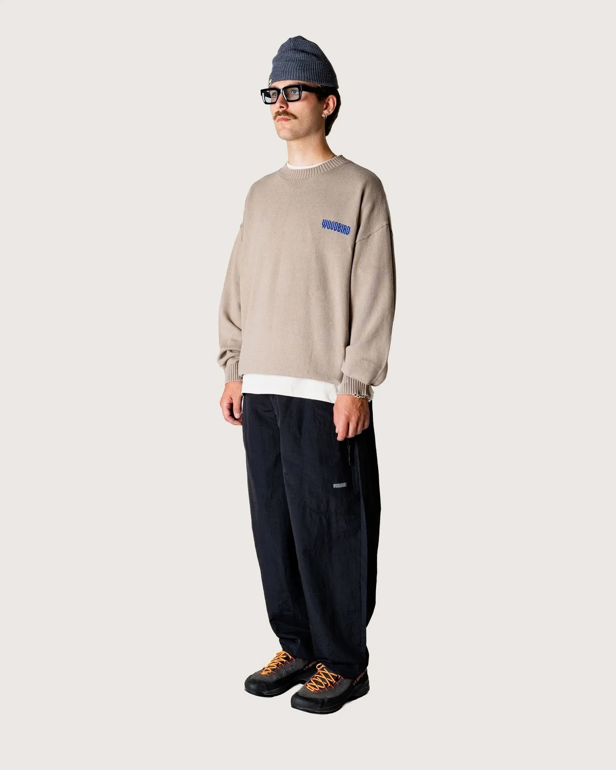 Men's Beige Text Pattern Crew Neck Sweater Graphic Knit