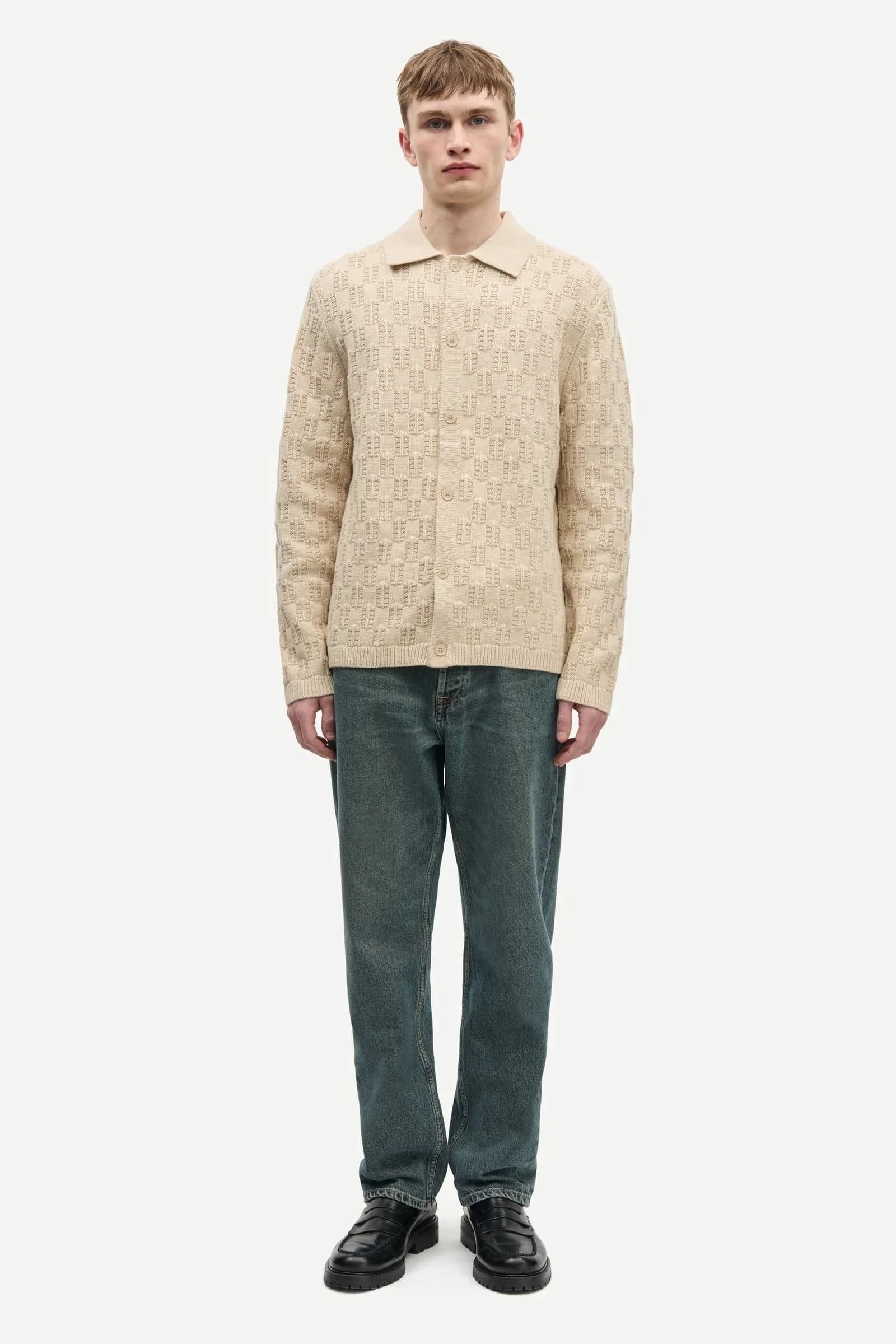 Men's Beige Textured Cardigan Button Collar Casual — view 2